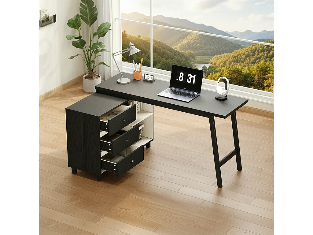 Moderner L-förmiger Schreibtisch – 150 x 100 x 76 cm – mit 3 Schubladen und 2 offenen Regalfächern – Stahlbeine – MDF + Metall – schwarz