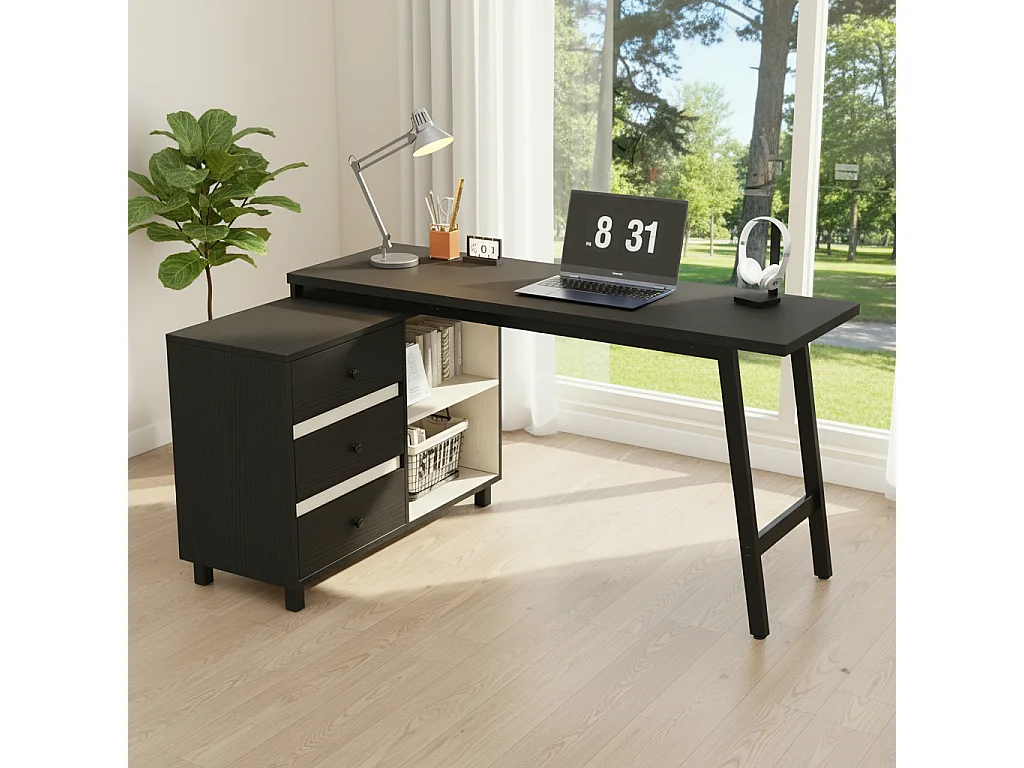 Moderner L-förmiger Schreibtisch – 150 x 100 x 76 cm – mit 3 Schubladen und 2 offenen Regalfächern – Stahlbeine – MDF + Metall – schwarz