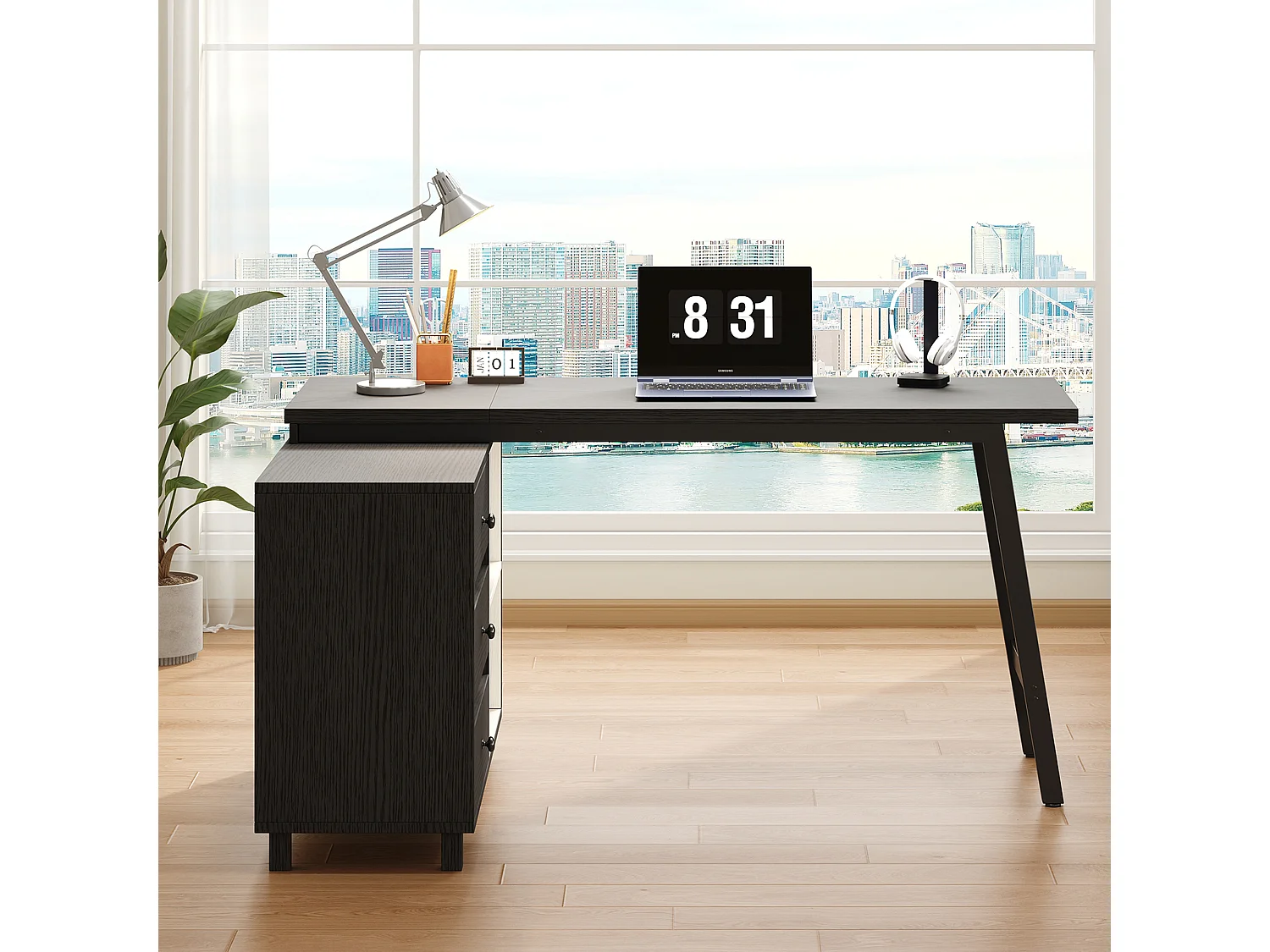 Moderner L-förmiger Schreibtisch – 150 x 100 x 76 cm – mit 3 Schubladen und 2 offenen Regalfächern – Stahlbeine – MDF + Metall – schwarz