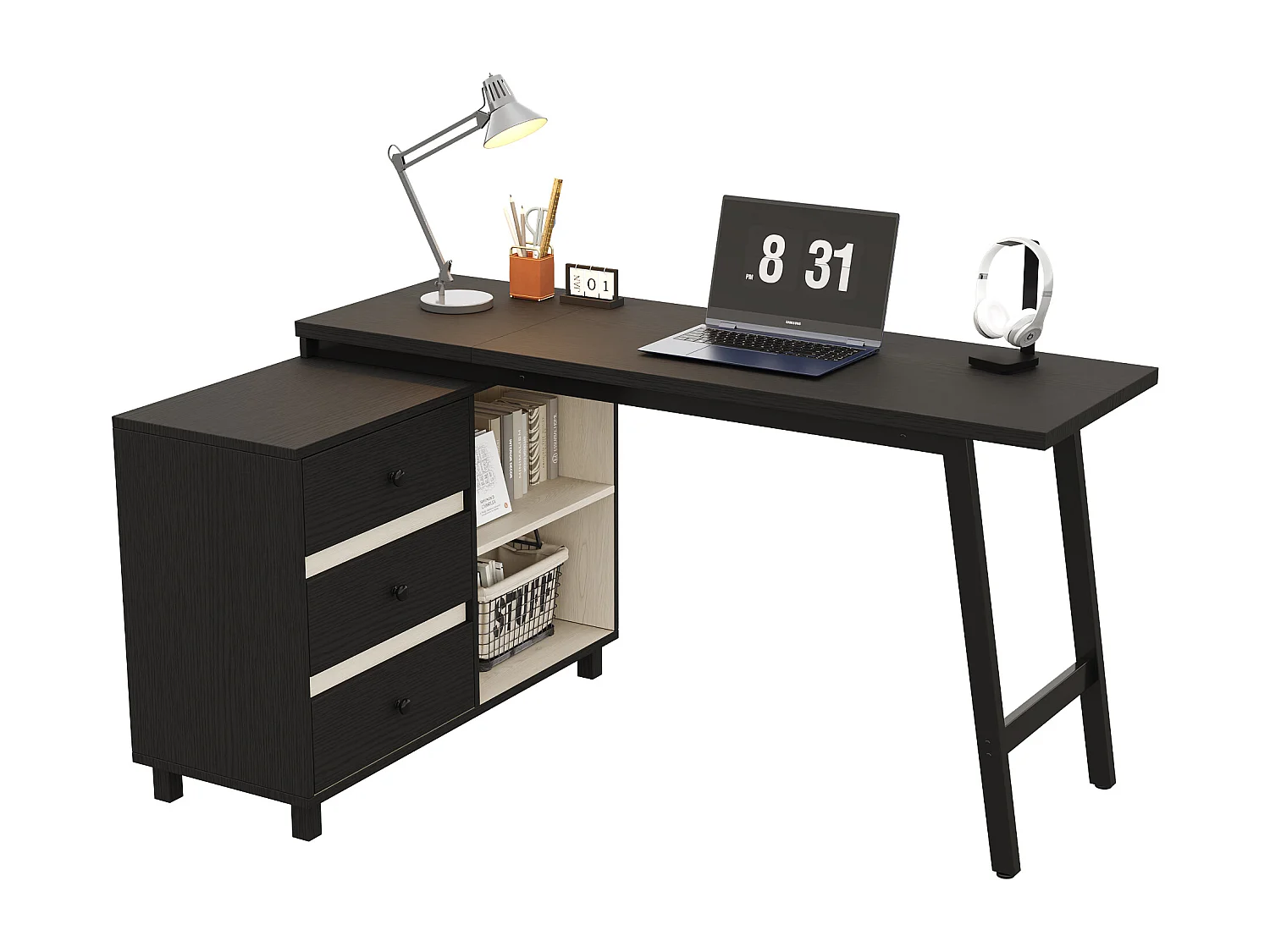 Moderner L-förmiger Schreibtisch – 150 x 100 x 76 cm – mit 3 Schubladen und 2 offenen Regalfächern – Stahlbeine – MDF + Metall – schwarz