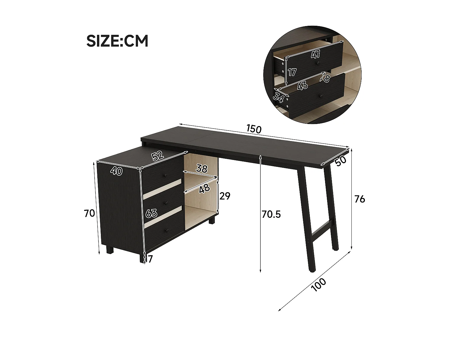 Moderner L-förmiger Schreibtisch – 150 x 100 x 76 cm – mit 3 Schubladen und 2 offenen Regalfächern – Stahlbeine – MDF + Metall – schwarz