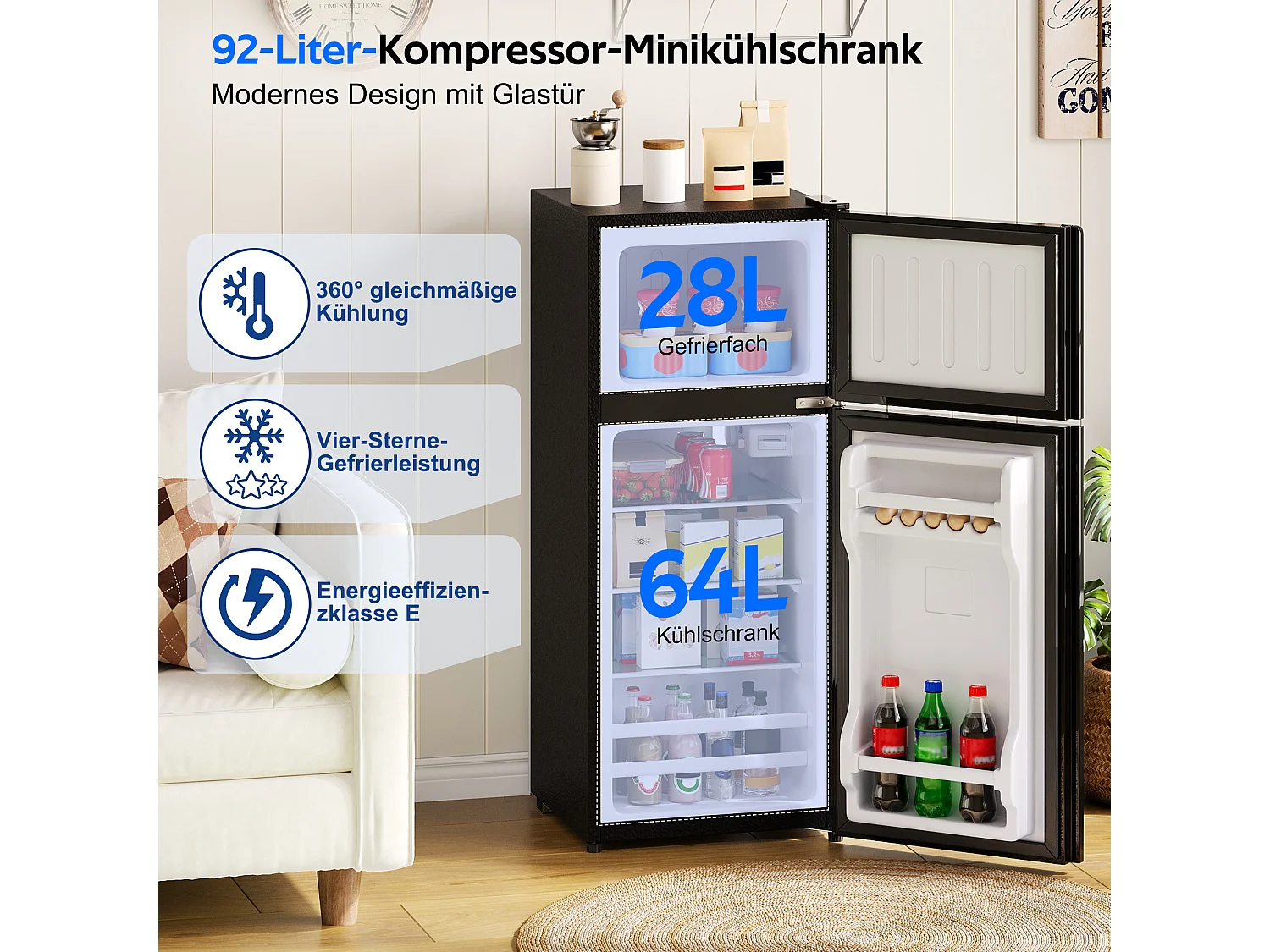 Mini frigorífico 92 L - con compartimento de congelador (28 L) - con iluminação LED - controlo de temperatura e funcionamento silencioso - Preto