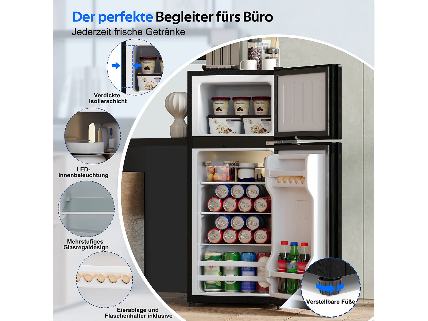 Mini frigorífico 92 L - con compartimento de congelador (28 L) - con iluminação LED - controlo de temperatura e funcionamento silencioso - Preto