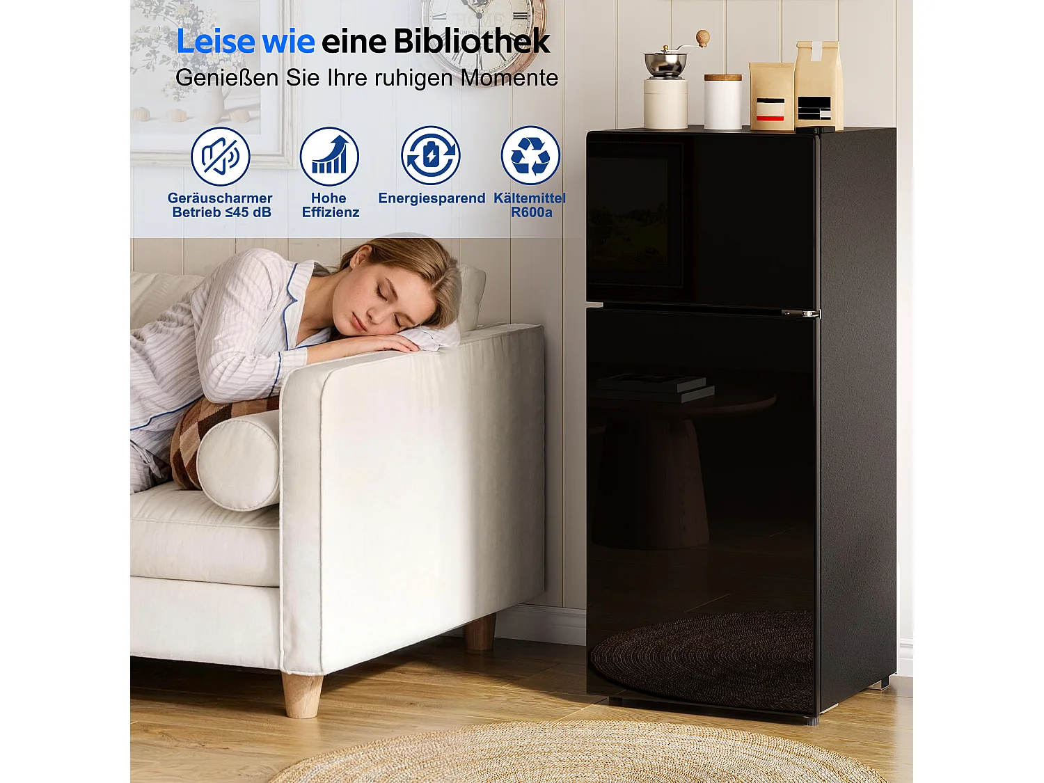 Mini frigorífico 92 L - con compartimento de congelador (28 L) - con iluminação LED - controlo de temperatura e funcionamento silencioso - Preto