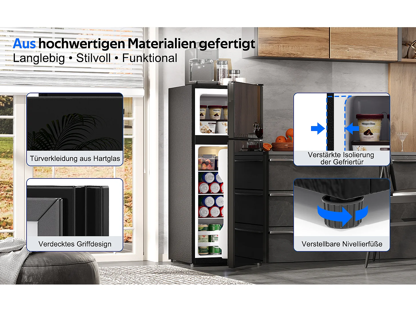 Mini frigorífico 92 L - con compartimento de congelador (28 L) - con iluminação LED - controlo de temperatura e funcionamento silencioso - Preto