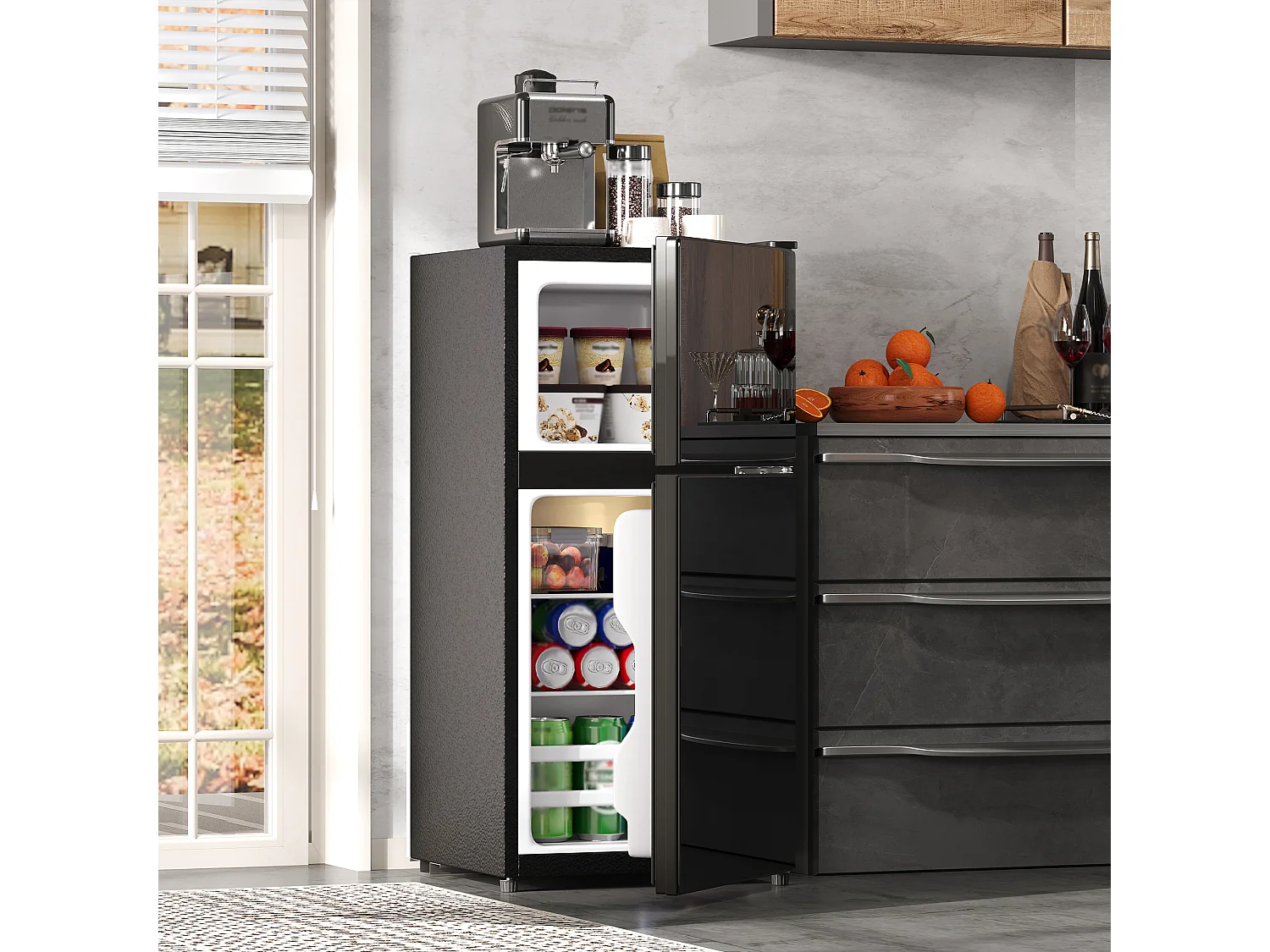 Mini geladeira de 60L com compartimento congelador (22L) + porta + LEDs - 42,5 x 44,5 x 87,5 cm - Metal - Preta