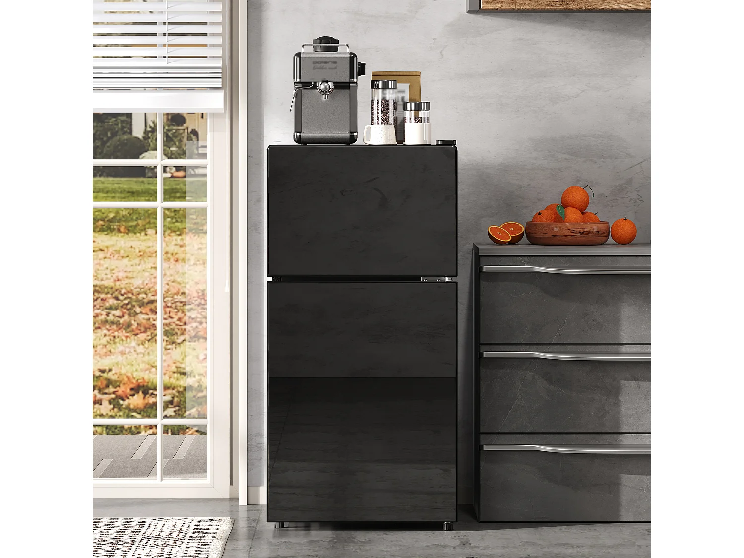 Mini geladeira de 60L com compartimento congelador (22L) + porta + LEDs - 42,5 x 44,5 x 87,5 cm - Metal - Preta