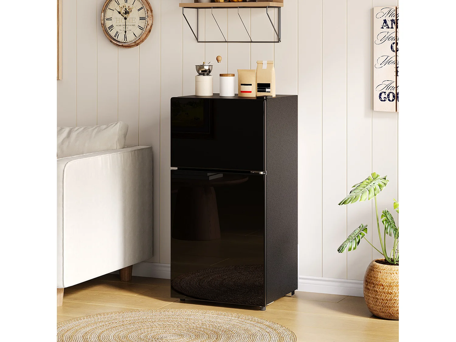 Mini geladeira de 60L com compartimento congelador (22L) + porta + LEDs - 42,5 x 44,5 x 87,5 cm - Metal - Preta