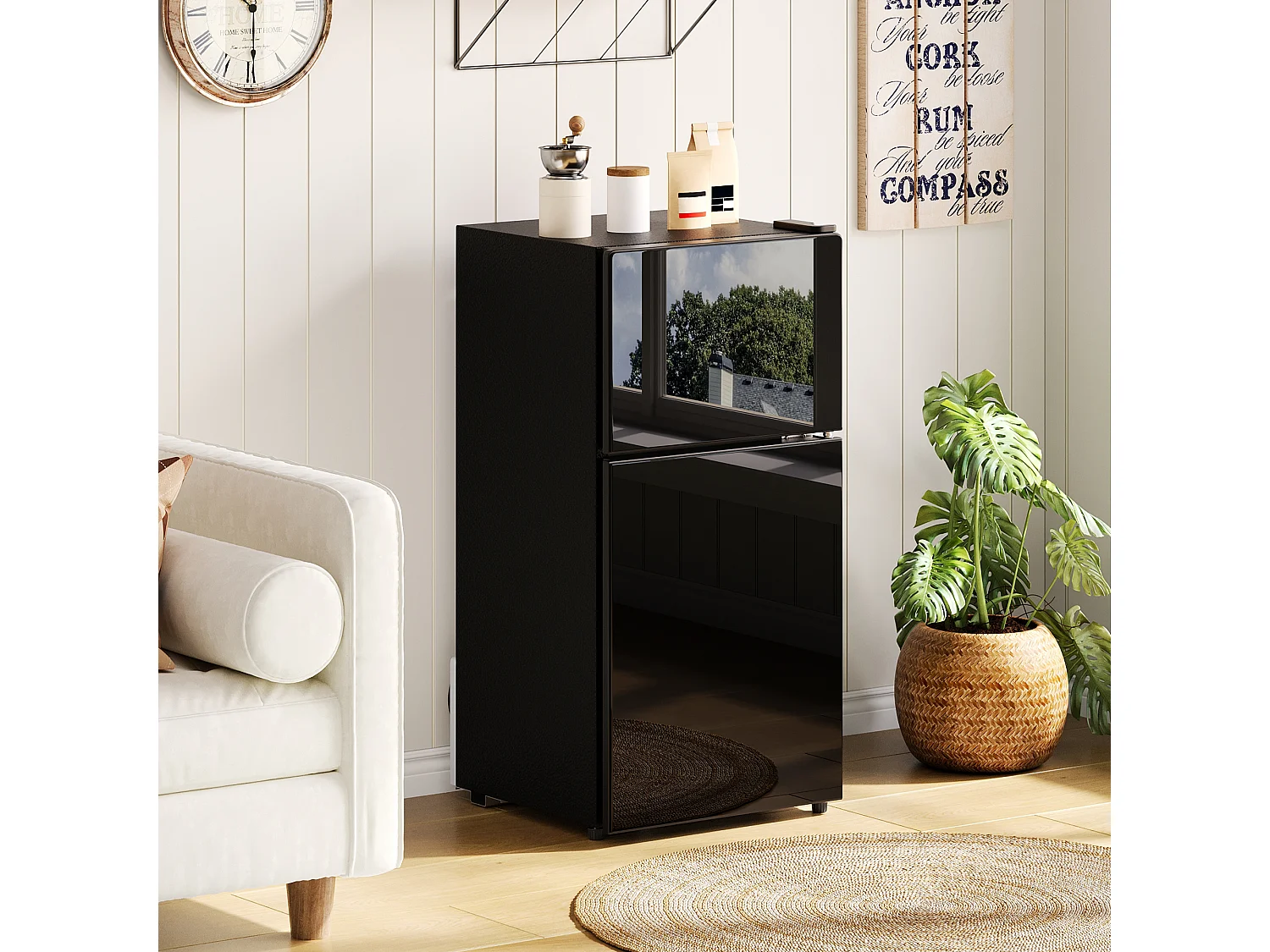 Mini geladeira de 60L com compartimento congelador (22L) + porta + LEDs - 42,5 x 44,5 x 87,5 cm - Metal - Preta