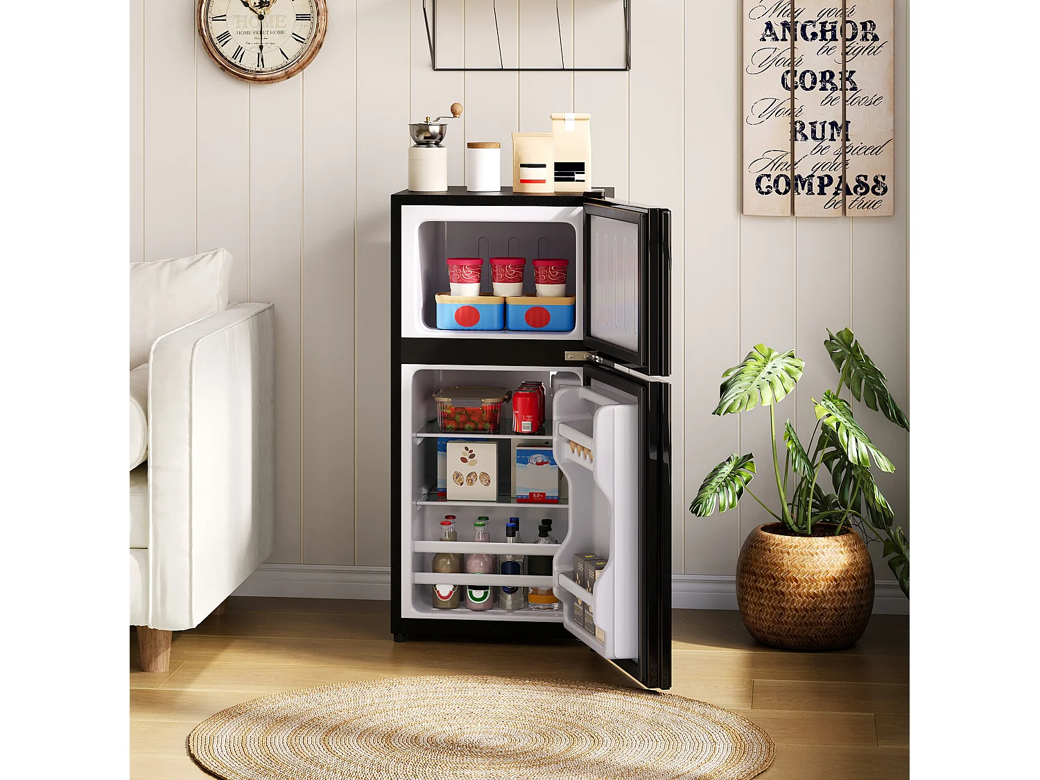 Mini geladeira de 60L com compartimento congelador (22L) + porta + LEDs - 42,5 x 44,5 x 87,5 cm - Metal - Preta