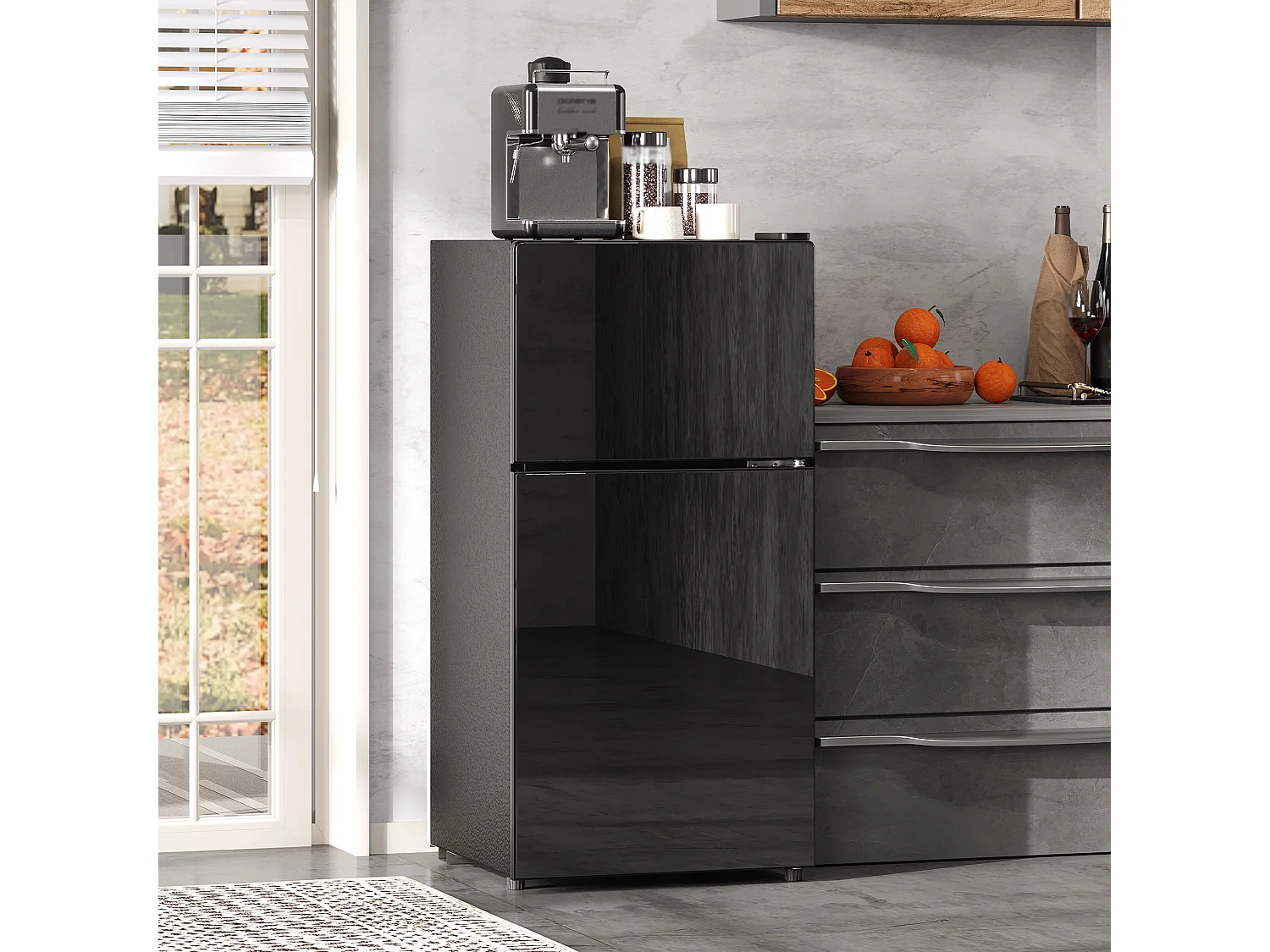 Mini geladeira de 60L com compartimento congelador (22L) + porta + LEDs - 42,5 x 44,5 x 87,5 cm - Metal - Preta