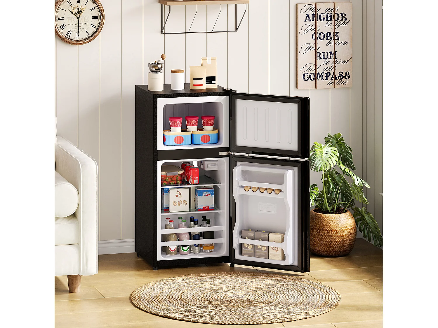 Mini geladeira de 60L com compartimento congelador (22L) + porta + LEDs - 42,5 x 44,5 x 87,5 cm - Metal - Preta