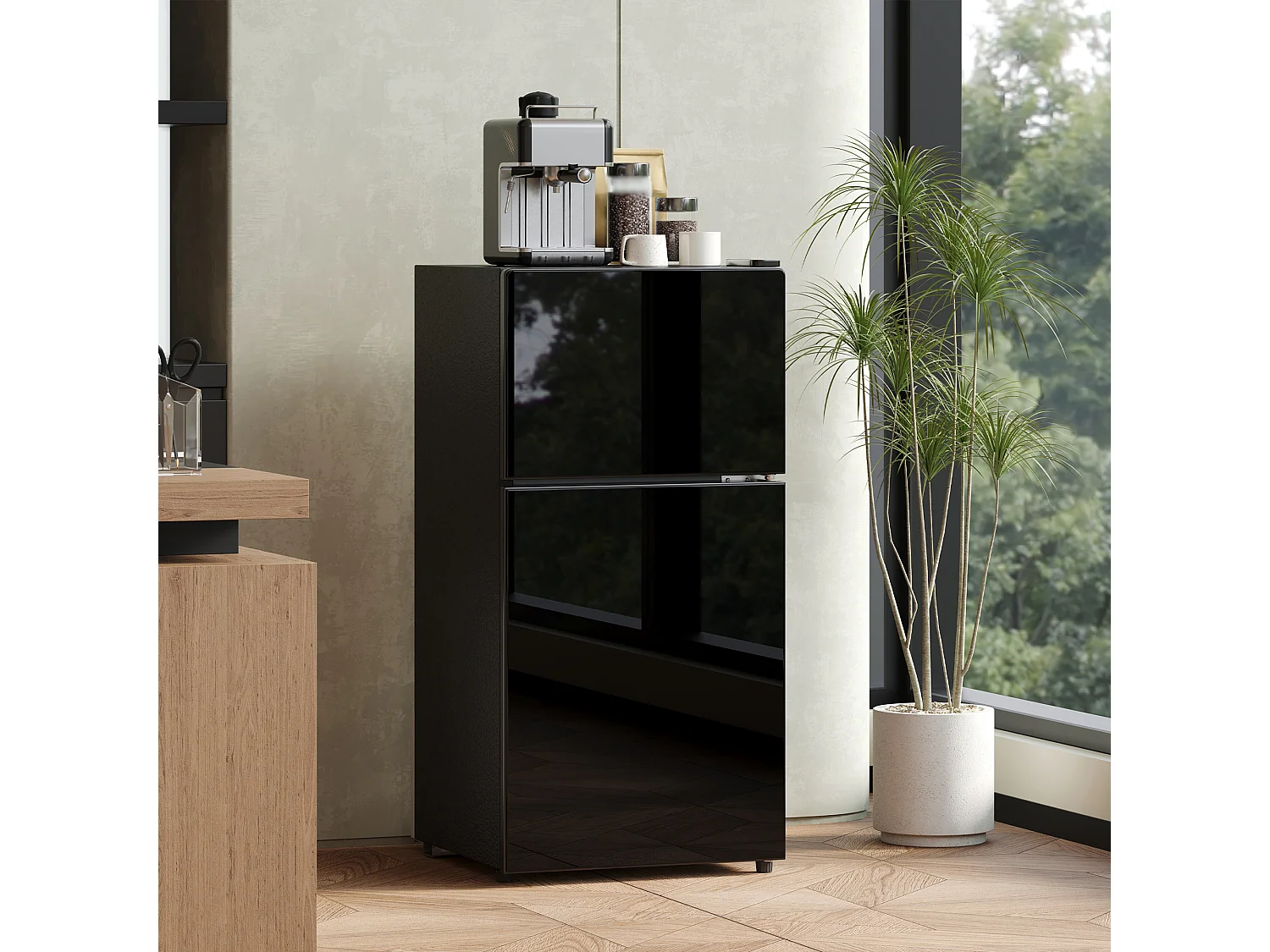 Mini geladeira de 60L com compartimento congelador (22L) + porta + LEDs - 42,5 x 44,5 x 87,5 cm - Metal - Preta