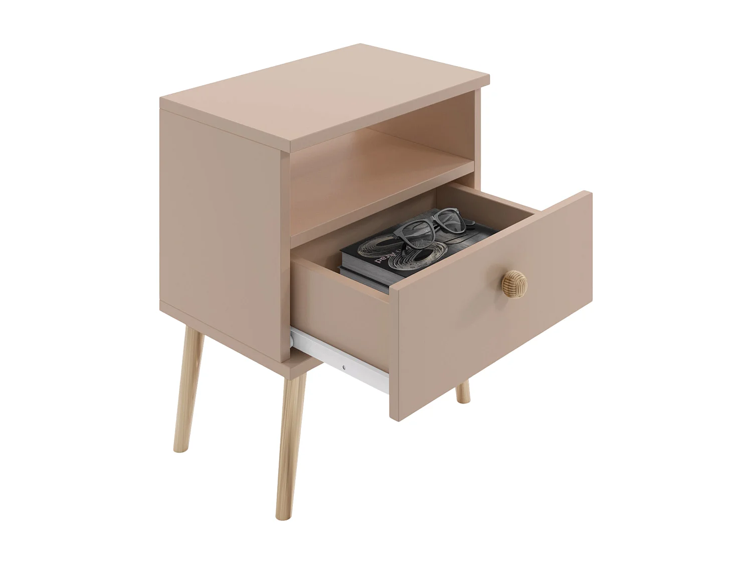 Nachttisch NATURA Macchiato Beige 44x31 cm mit Schublade und Juteseil-Griff im Skandinavischen Stil