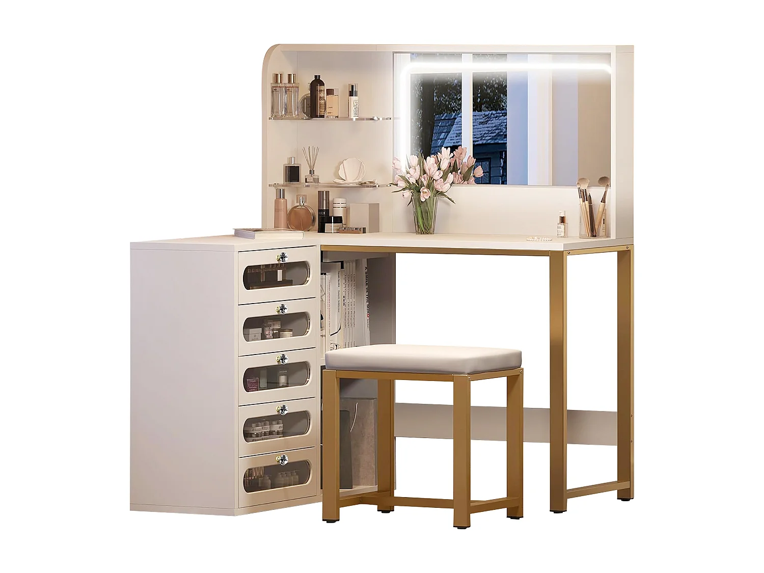 Coiffeuse avec Miroir et Tabouret 120 x 80 x 135 cm, Grand Miroir LED 3 Couleurs Réglable, Compartiments Ouverts, Table De Maquillage