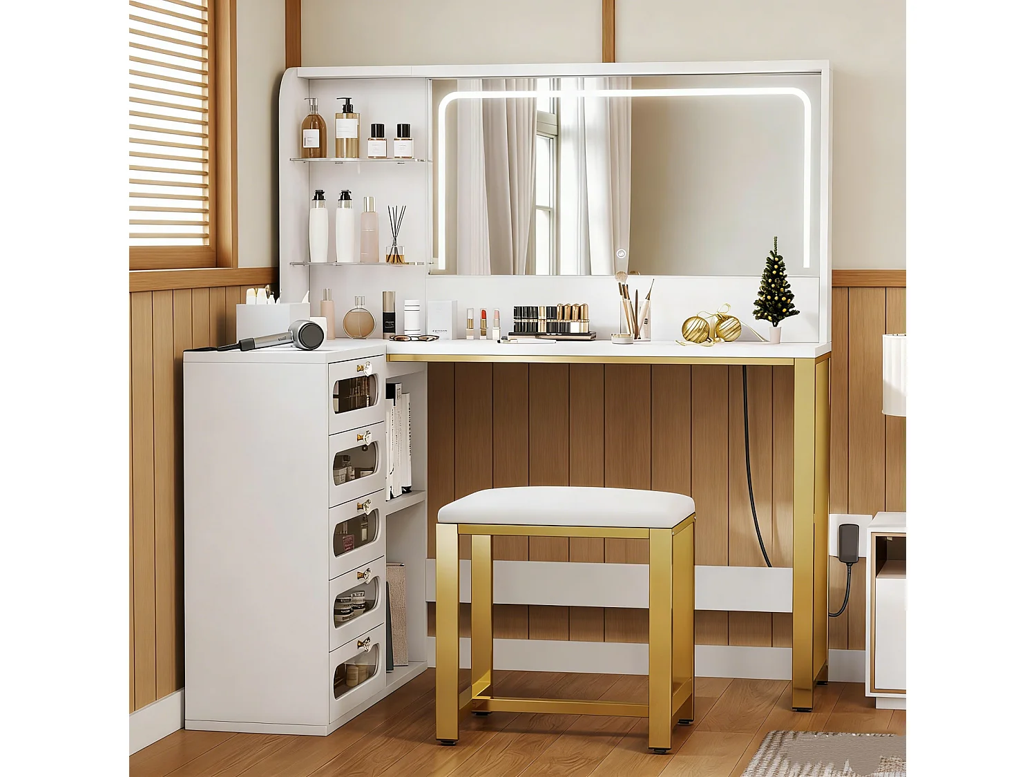 Coiffeuse avec Miroir et Tabouret 120 x 80 x 135 cm, Grand Miroir LED 3 Couleurs Réglable, Compartiments Ouverts, Table De Maquillage