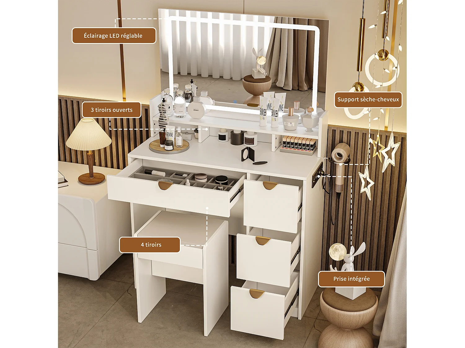 Coiffeuse avec Miroir et 3 Modes d'éclairage réglables, équipée de 4 tiroirs, Fauteuil Confortable et Prise de Courant, Blanc