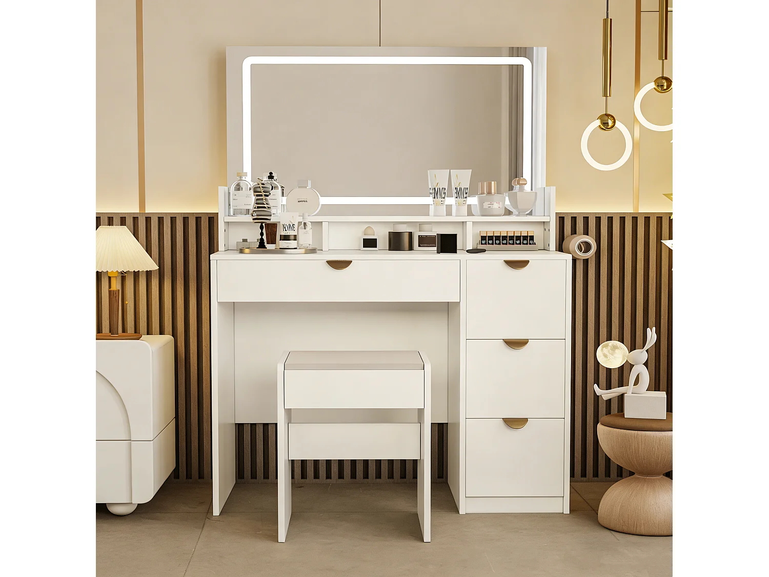 Coiffeuse avec Miroir et 3 Modes d'éclairage réglables, équipée de 4 tiroirs, Fauteuil Confortable et Prise de Courant, Blanc