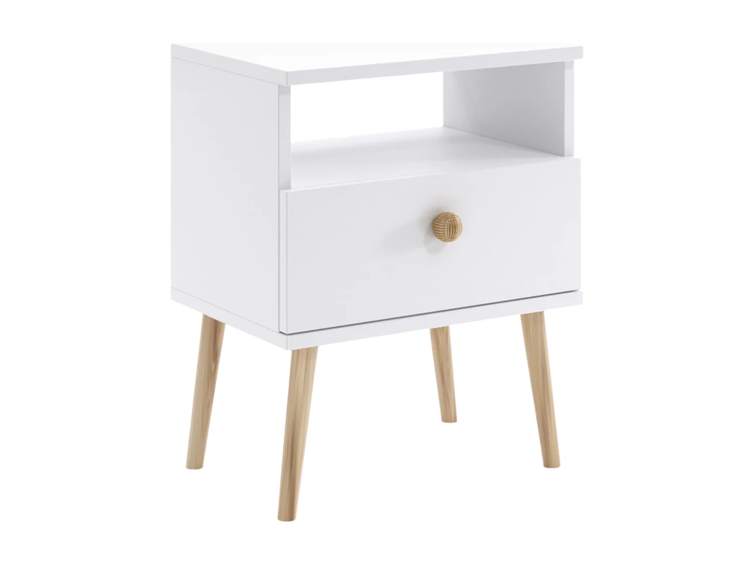 Nachttisch NATURA Weiß Matt 44x31 cm mit Schublade und Juteseil-Griff im Skandinavischen Stil