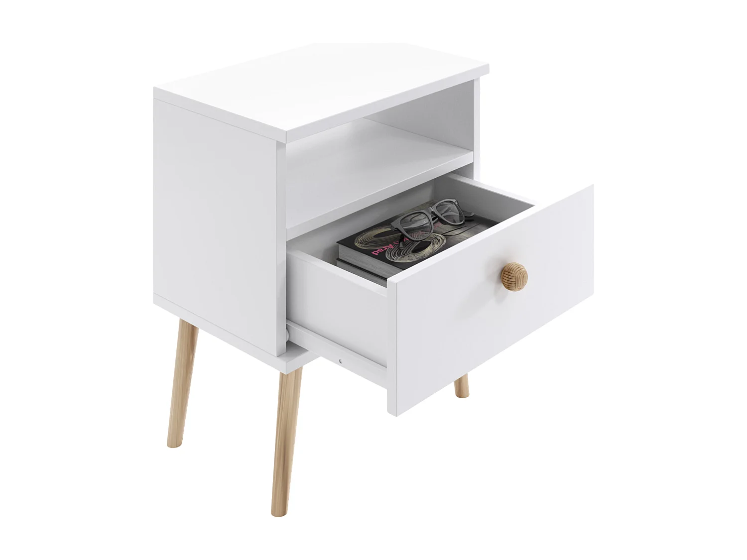 Nachttisch NATURA Weiß Matt 44x31 cm mit Schublade und Juteseil-Griff im Skandinavischen Stil