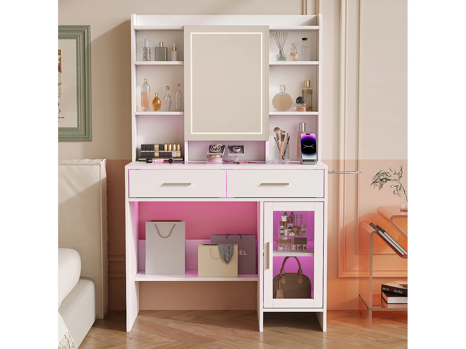 Coiffeuse avec Miroir LED RGB Réglable, Table de Maquillage Moderne avec 2 Tiroirs et Rangements, Prises de Courant et USB, Plateau en Verre Trempé