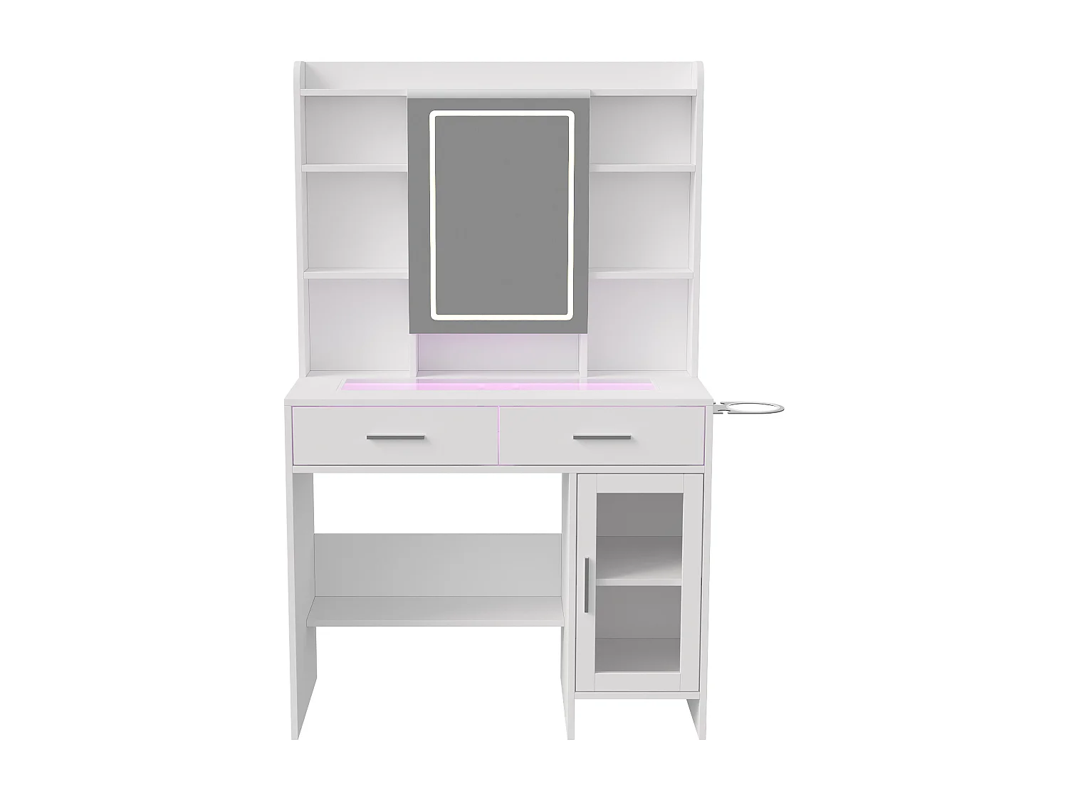 Coiffeuse avec Miroir LED RGB Réglable, Table de Maquillage Moderne avec 2 Tiroirs et Rangements, Prises de Courant et USB, Plateau en Verre Trempé