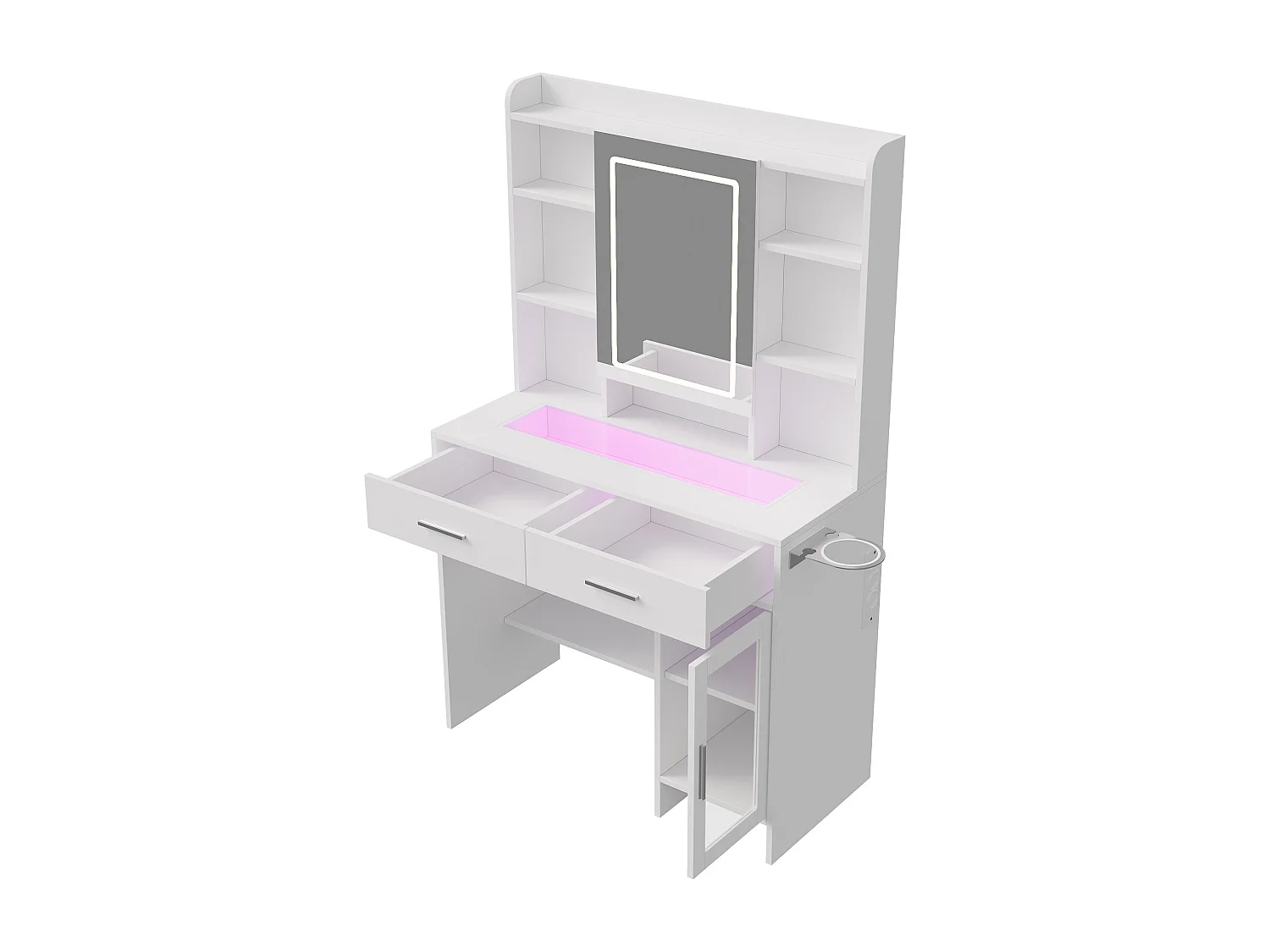 Coiffeuse avec Miroir LED RGB Réglable, Table de Maquillage Moderne avec 2 Tiroirs et Rangements, Prises de Courant et USB, Plateau en Verre Trempé