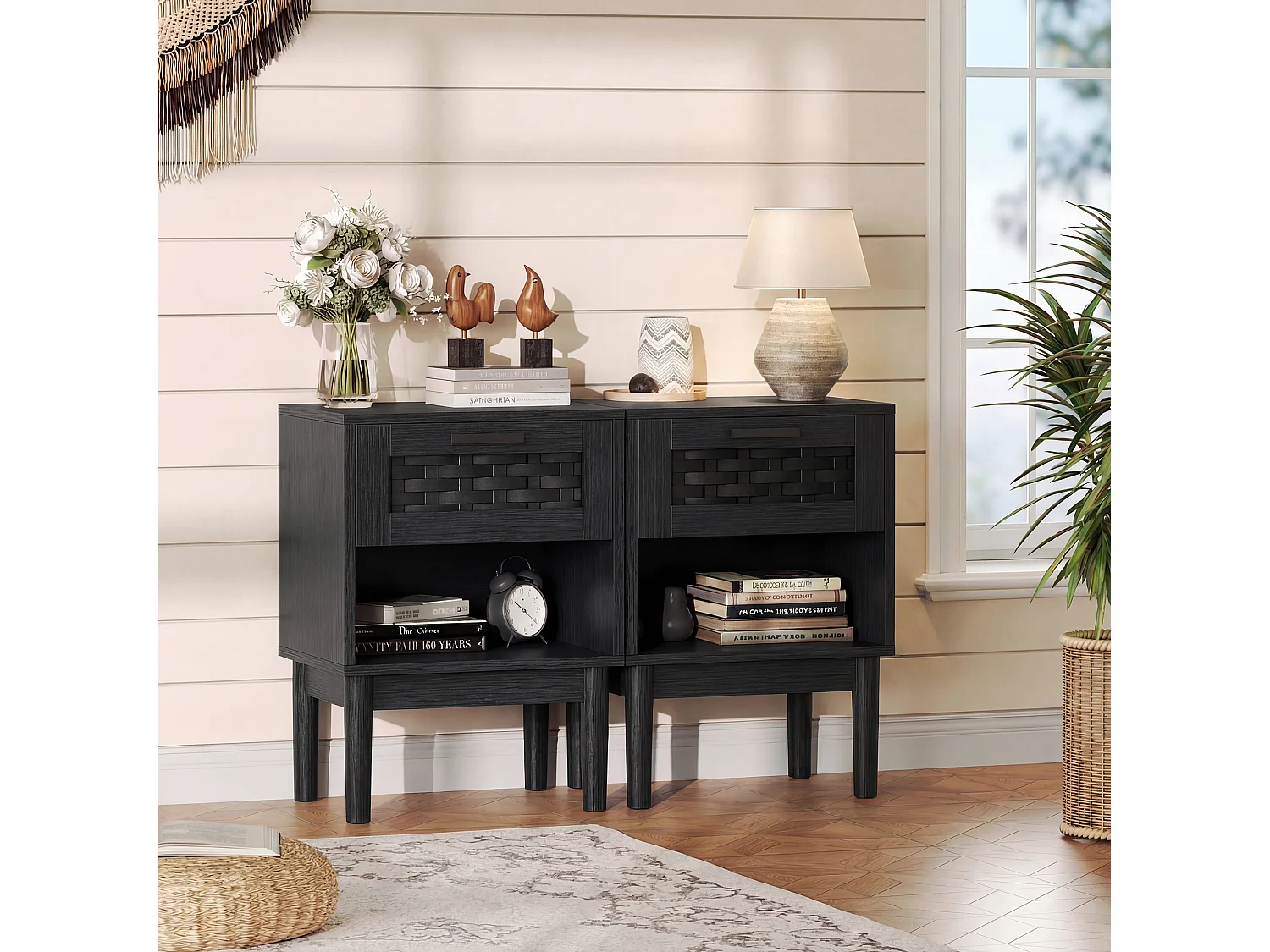 Set van 2 nachtkastjes met lades en open schappen, met opbergruimte, 40 x 30 x 55 cm (zwart)