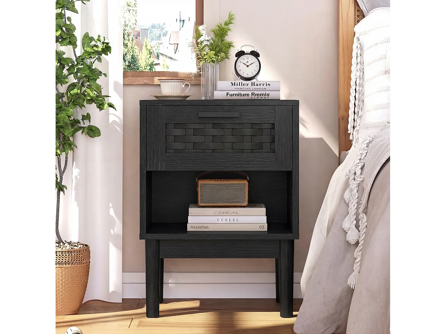 Set van 2 nachtkastjes met lades en open schappen, met opbergruimte, 40 x 30 x 55 cm (zwart)