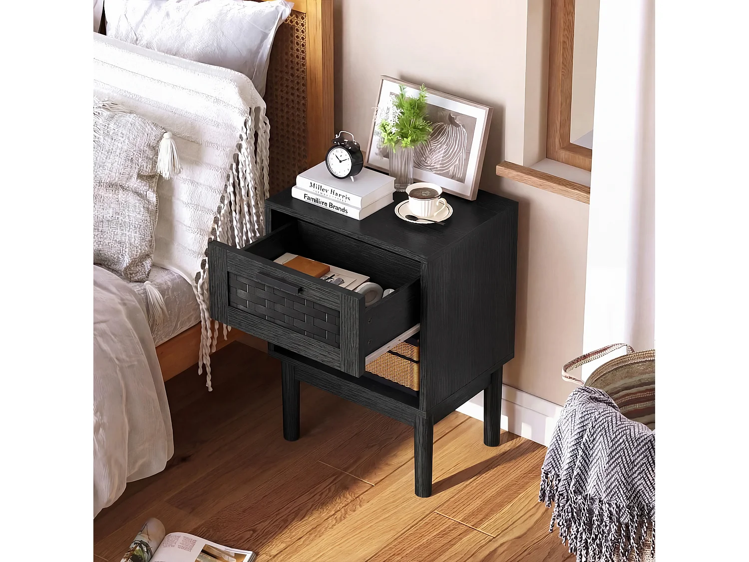 Set van 2 nachtkastjes met lades en open schappen, met opbergruimte, 40 x 30 x 55 cm (zwart)