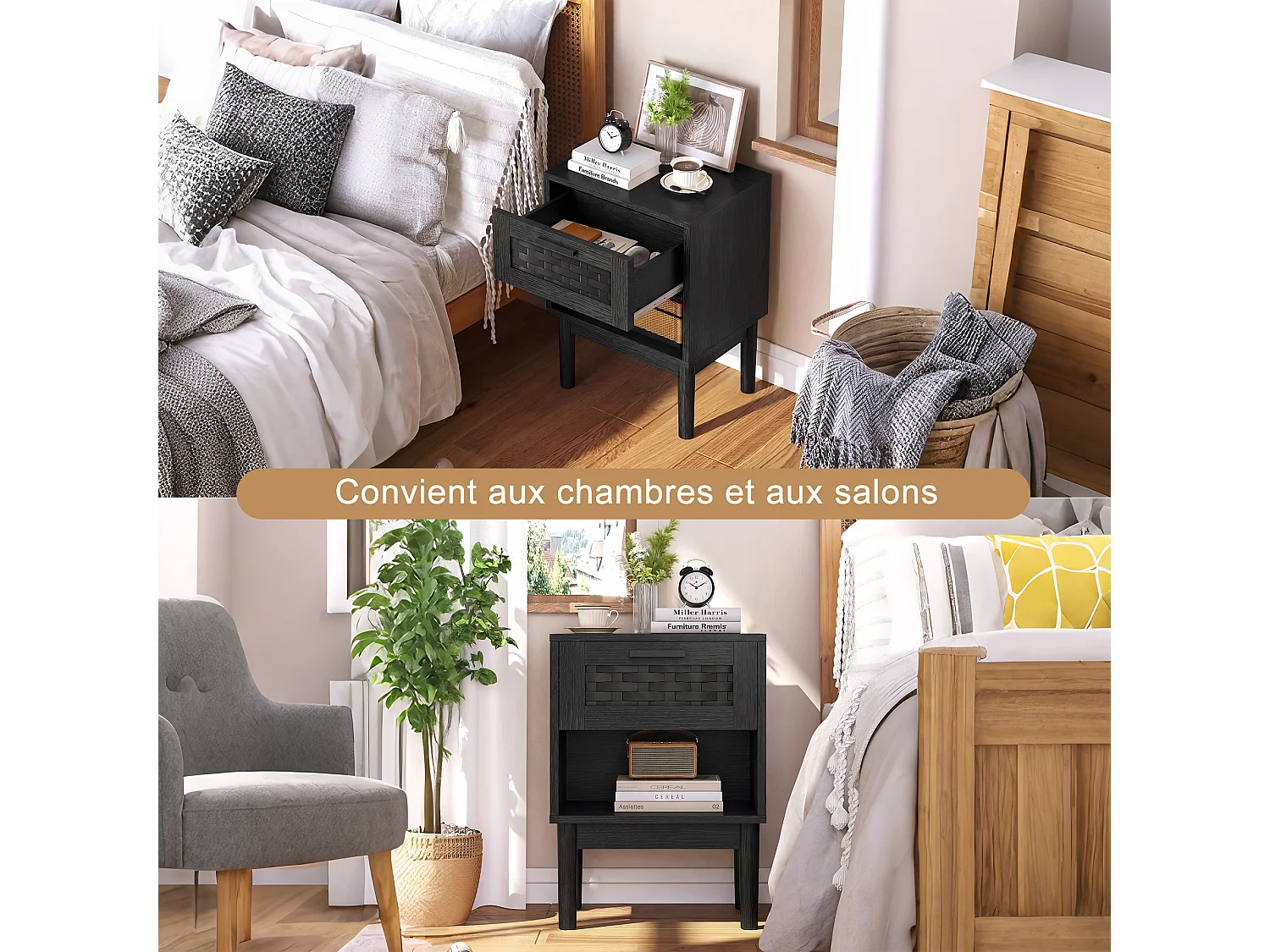 Set van 2 nachtkastjes met lades en open schappen, met opbergruimte, 40 x 30 x 55 cm (zwart)