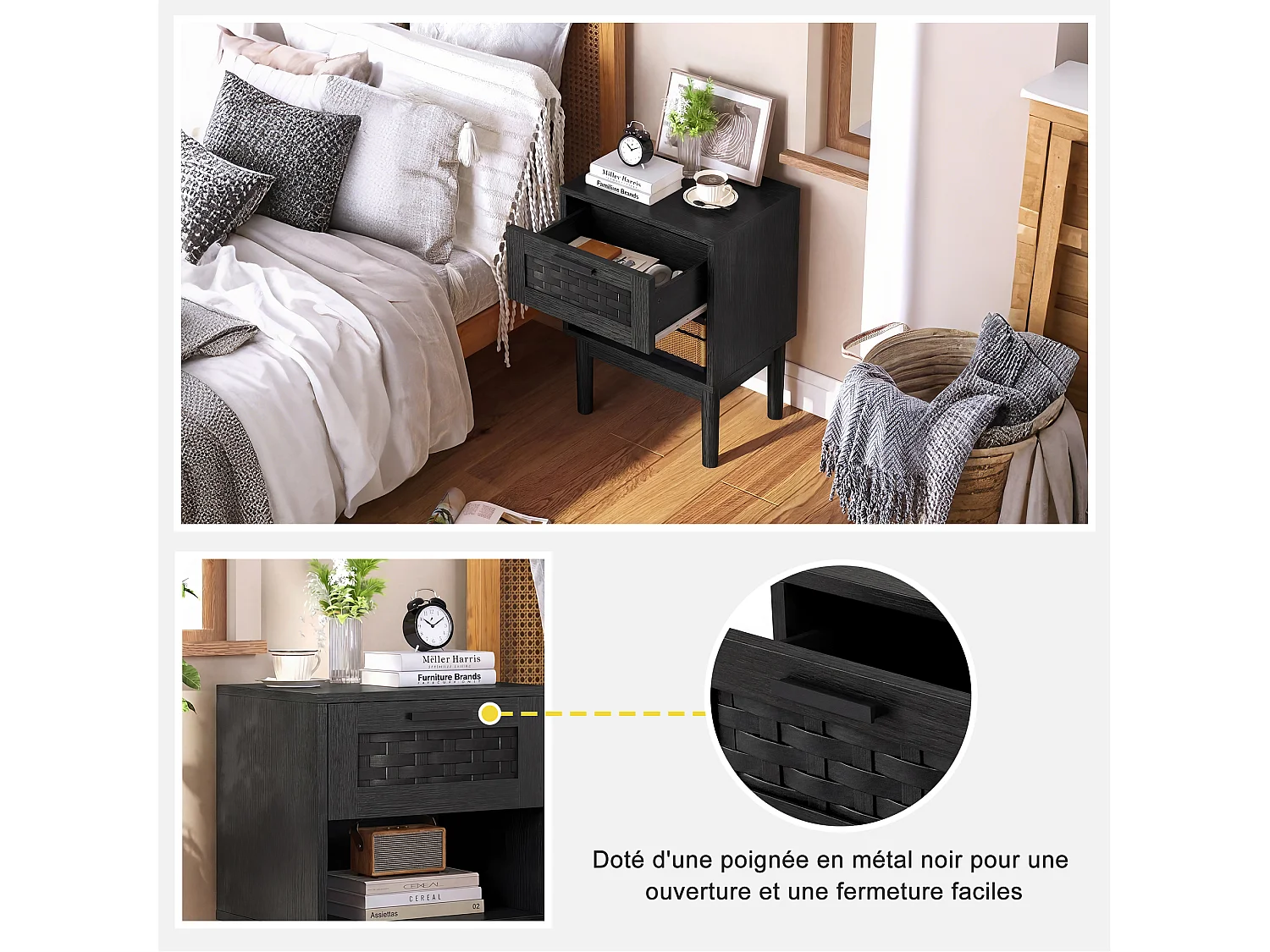 Set van 2 nachtkastjes met lades en open schappen, met opbergruimte, 40 x 30 x 55 cm (zwart)