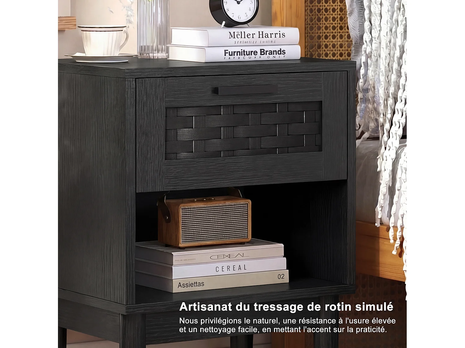 Set van 2 nachtkastjes met lades en open schappen, met opbergruimte, 40 x 30 x 55 cm (zwart)