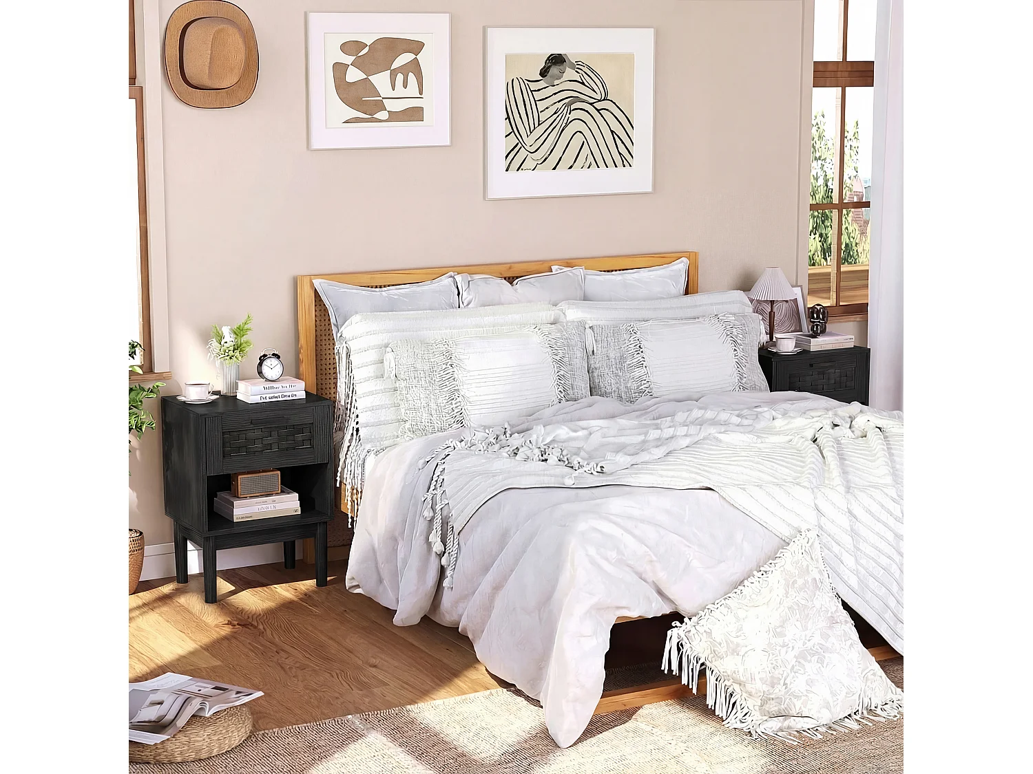 Set van 2 nachtkastjes met lades en open schappen, met opbergruimte, 40 x 30 x 55 cm (zwart)