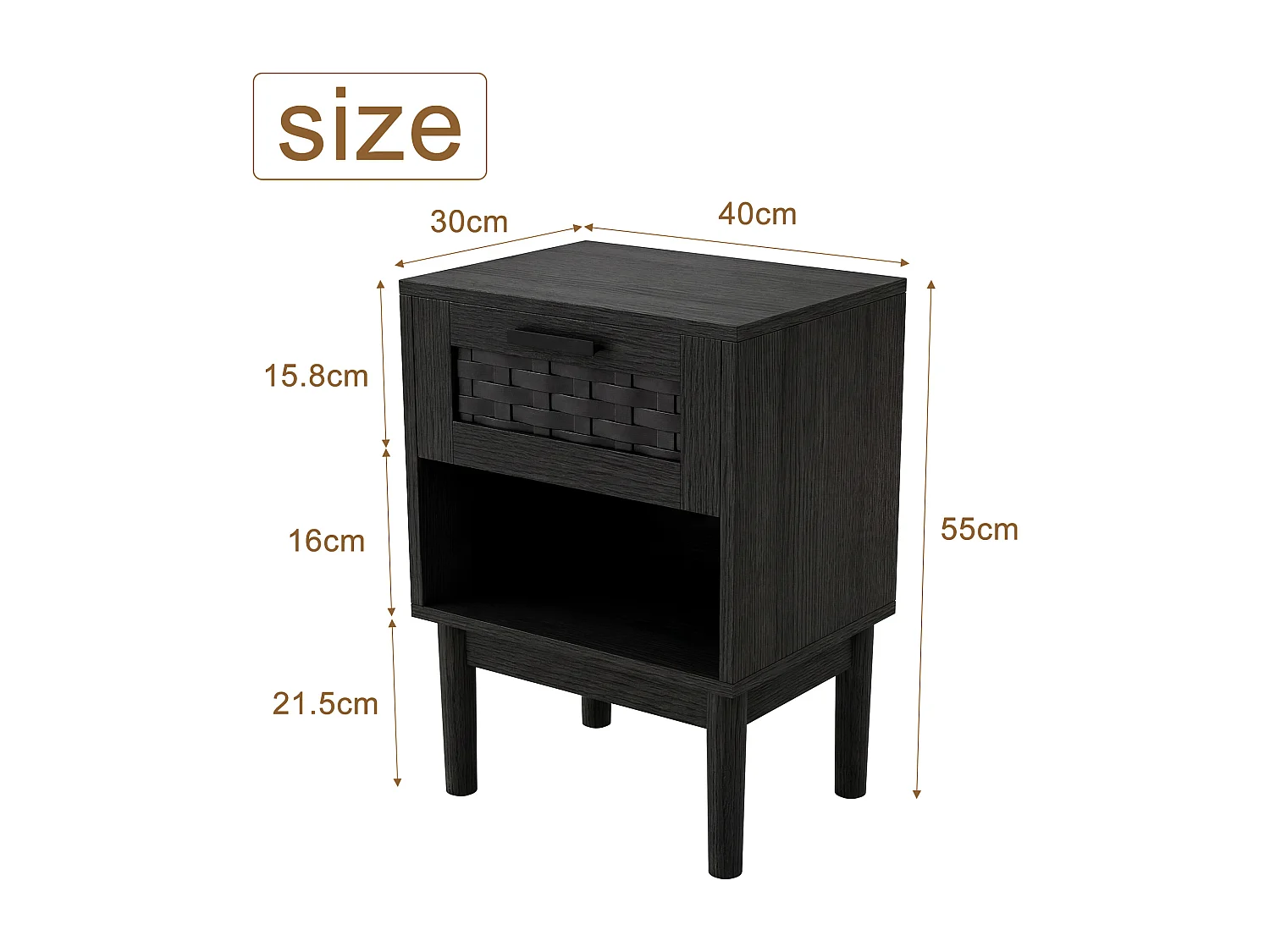 Set van 2 nachtkastjes met lades en open schappen, met opbergruimte, 40 x 30 x 55 cm (zwart)