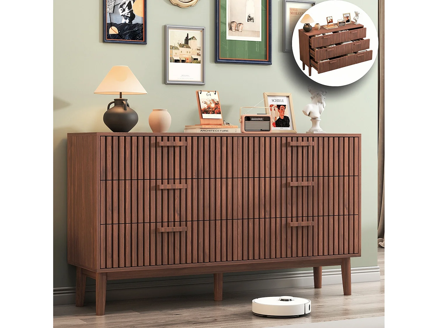 Cómoda de madera y ratán con 6 cajones, mueble de almacenamiento multifuncional, cómoda, tocador, marrón