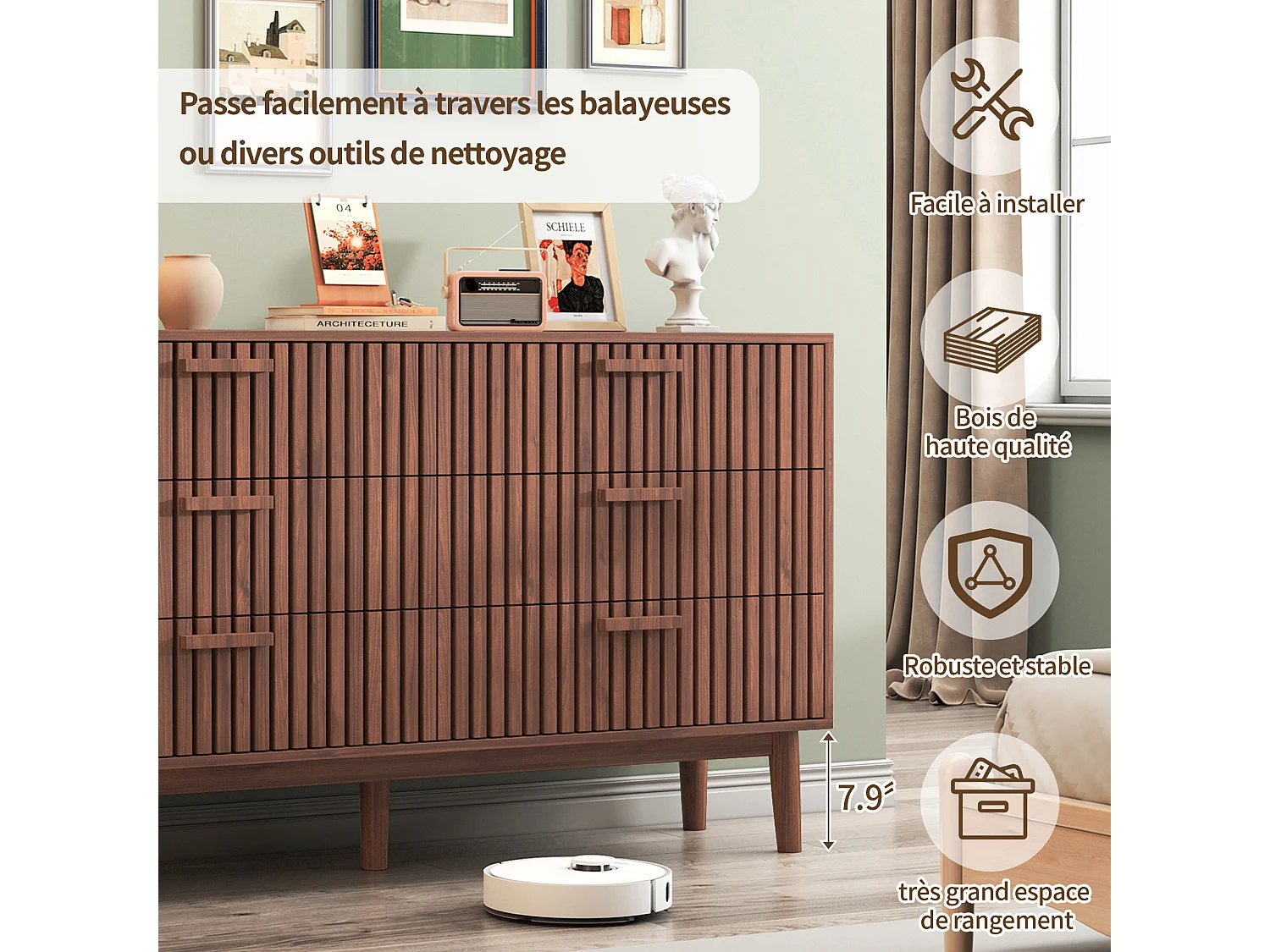 Cómoda de madera y ratán con 6 cajones, mueble de almacenamiento multifuncional, cómoda, tocador, marrón