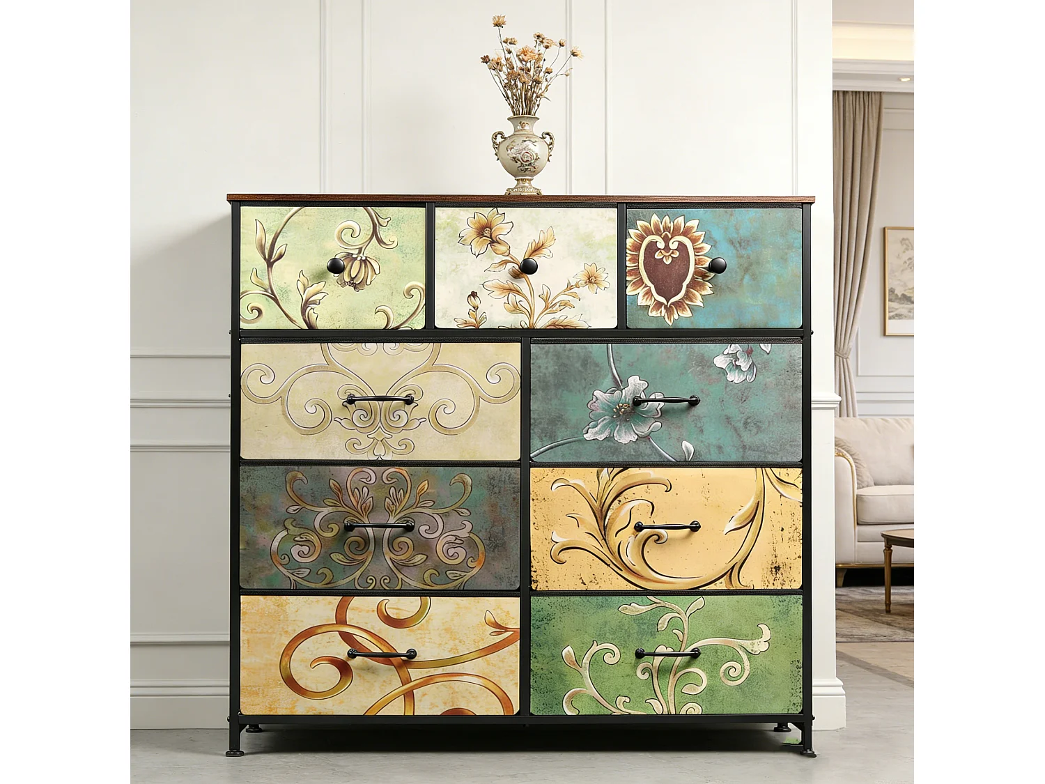 Commode 9 Tiroirs en Tissu - Commode de Chambre - Meuble de Rangement avec Structure en Métal - Meuble Salon Rangement -Multicolore