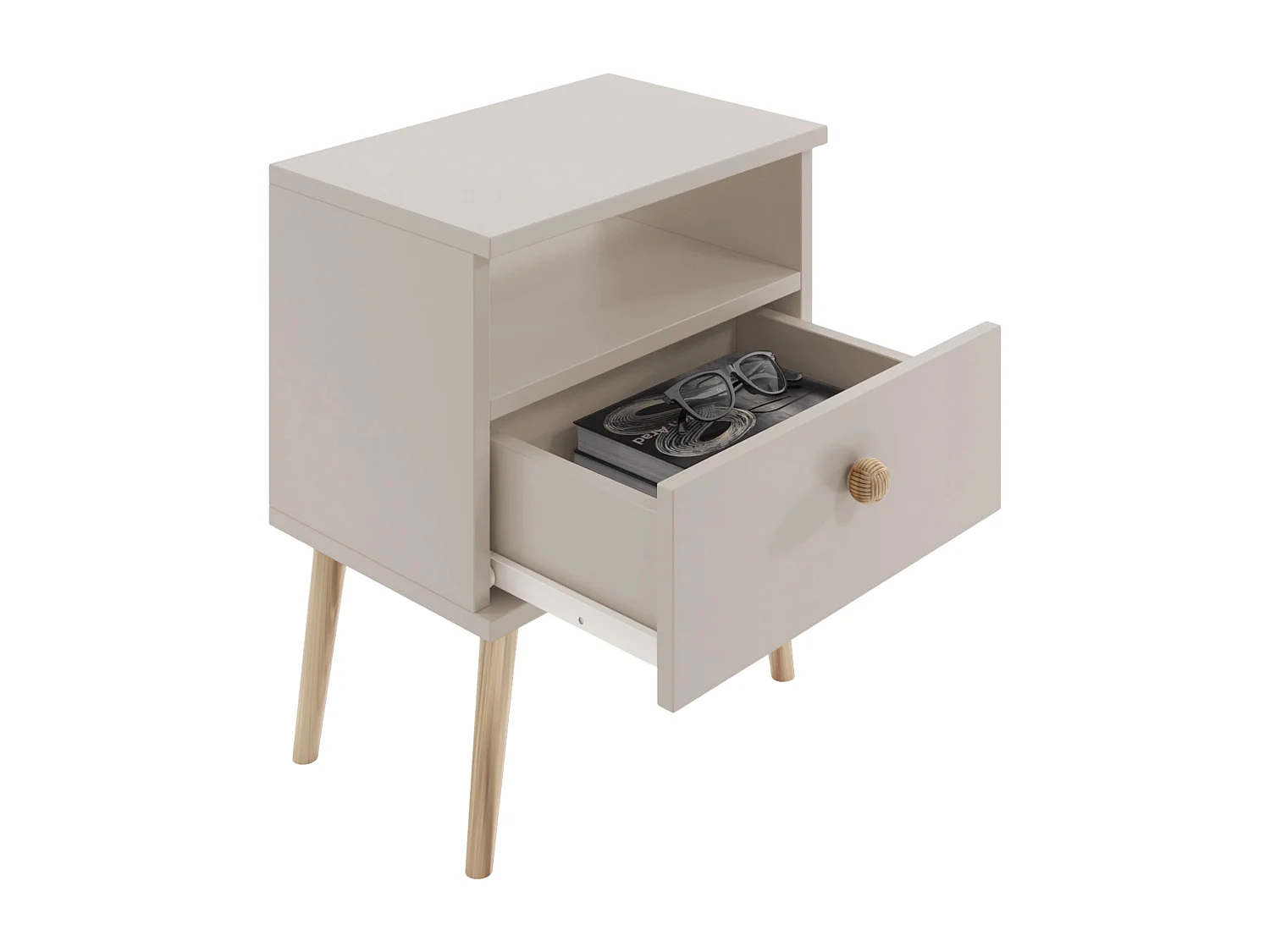 Nachttisch NATURA Kaschmir Hellgrau 44x31 cm mit Schublade und Juteseil-Griff im Skandinavischen Stil