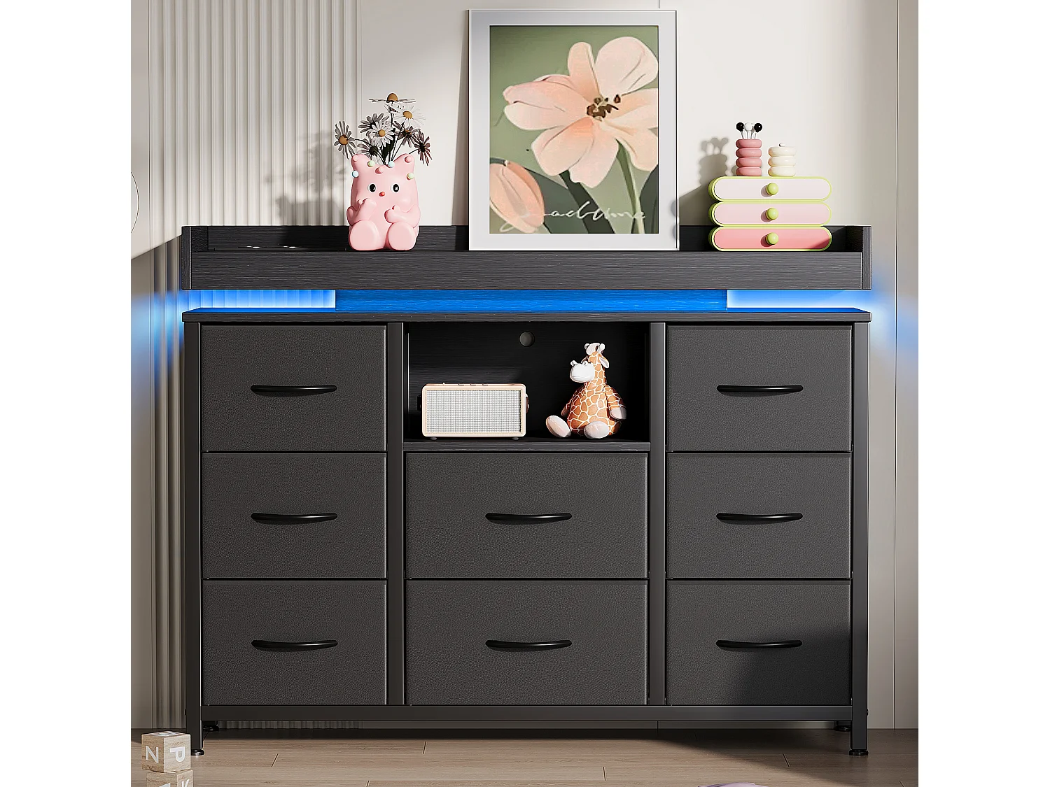 Commode 8 tiroirs - avec éclairage LED et port USB - structure en métal - 108 x 30 x 82 cm - noir