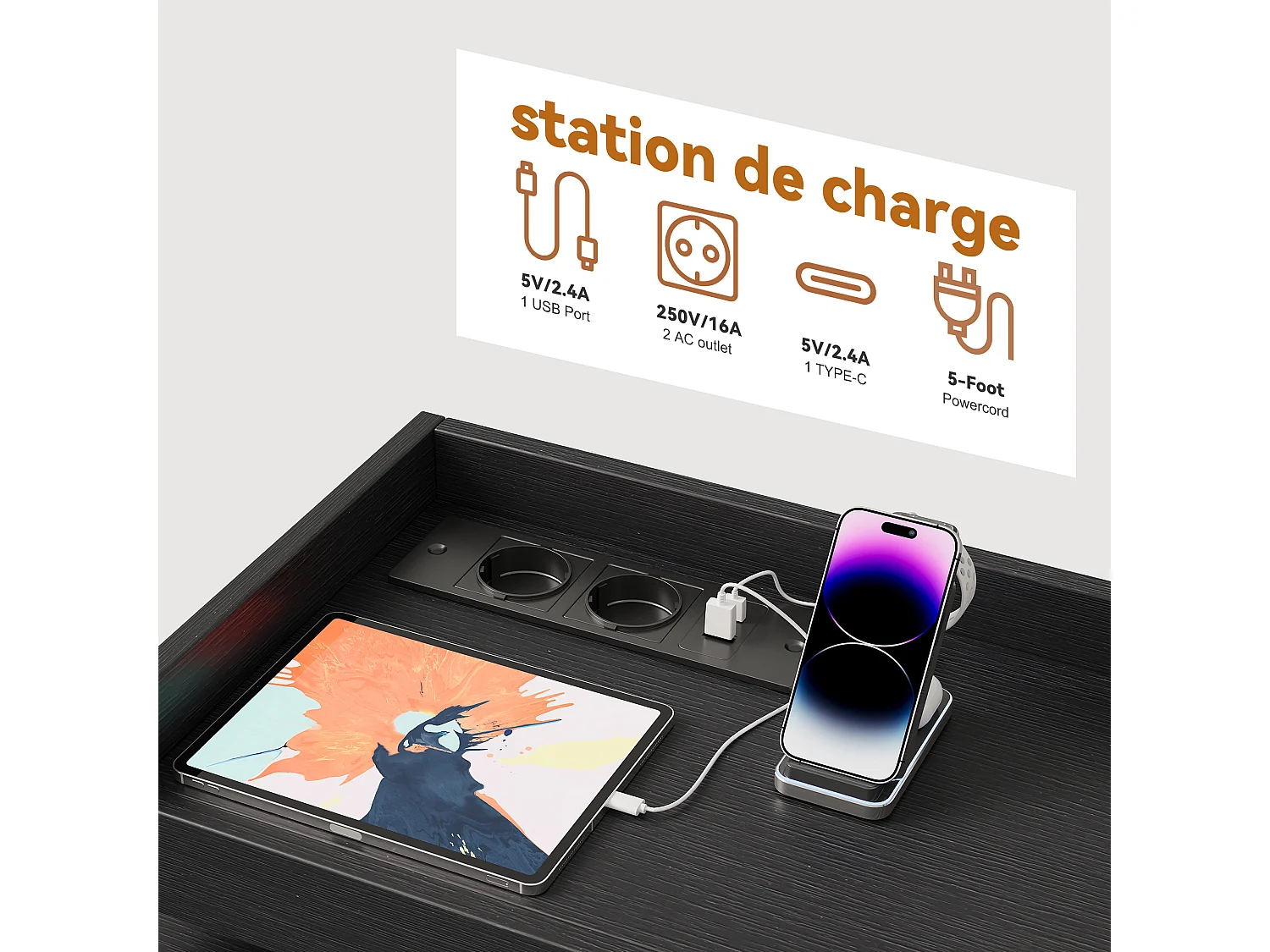 Commode 8 tiroirs - avec éclairage LED et port USB - structure en métal - 108 x 30 x 82 cm - noir