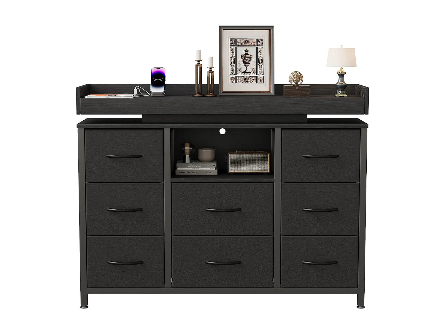 Commode 8 tiroirs - avec éclairage LED et port USB - structure en métal - 108 x 30 x 82 cm - noir