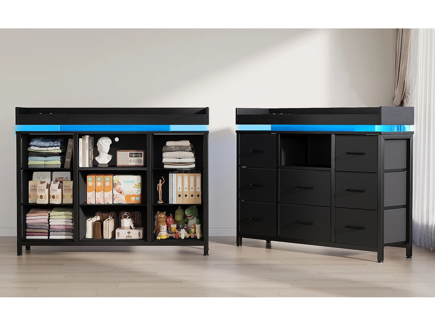 Commode 8 tiroirs - avec éclairage LED et port USB - structure en métal - 108 x 30 x 82 cm - noir