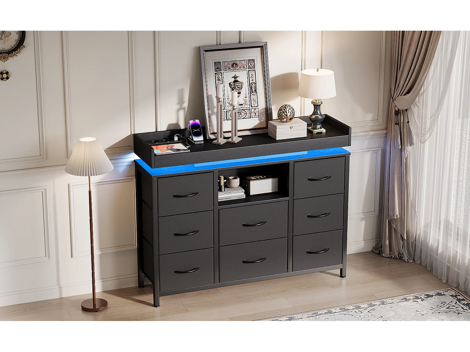 Commode 8 tiroirs - avec éclairage LED et port USB - structure en métal - 108 x 30 x 82 cm - noir