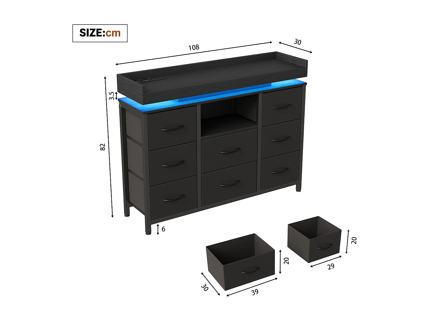 Commode 8 tiroirs - avec éclairage LED et port USB - structure en métal - 108 x 30 x 82 cm - noir