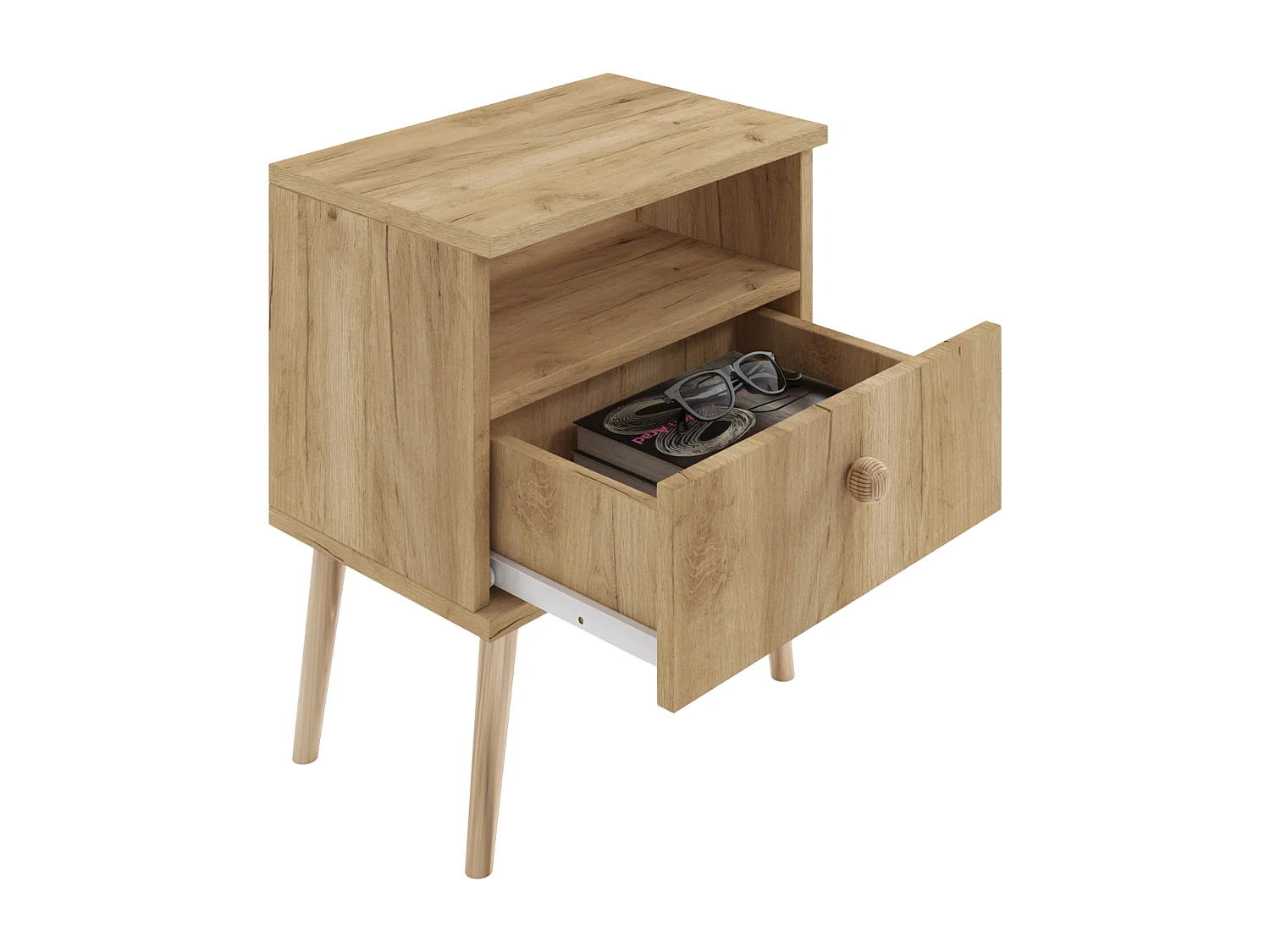 Nachttisch NATURA Eiche Craft 44x31 cm mit Schublade und Juteseil-Griff im Skandinavischen Stil