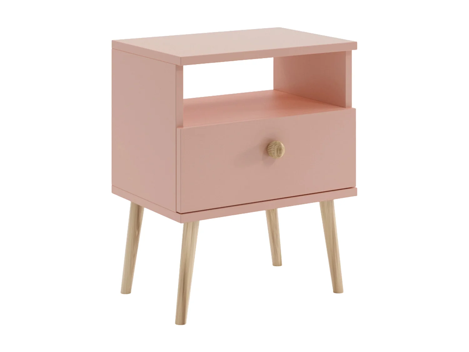 Nachttisch NATURA Rosa Pastell 44x31 cm mit Schublade und Juteseil-Griff im Skandinavischen Stil