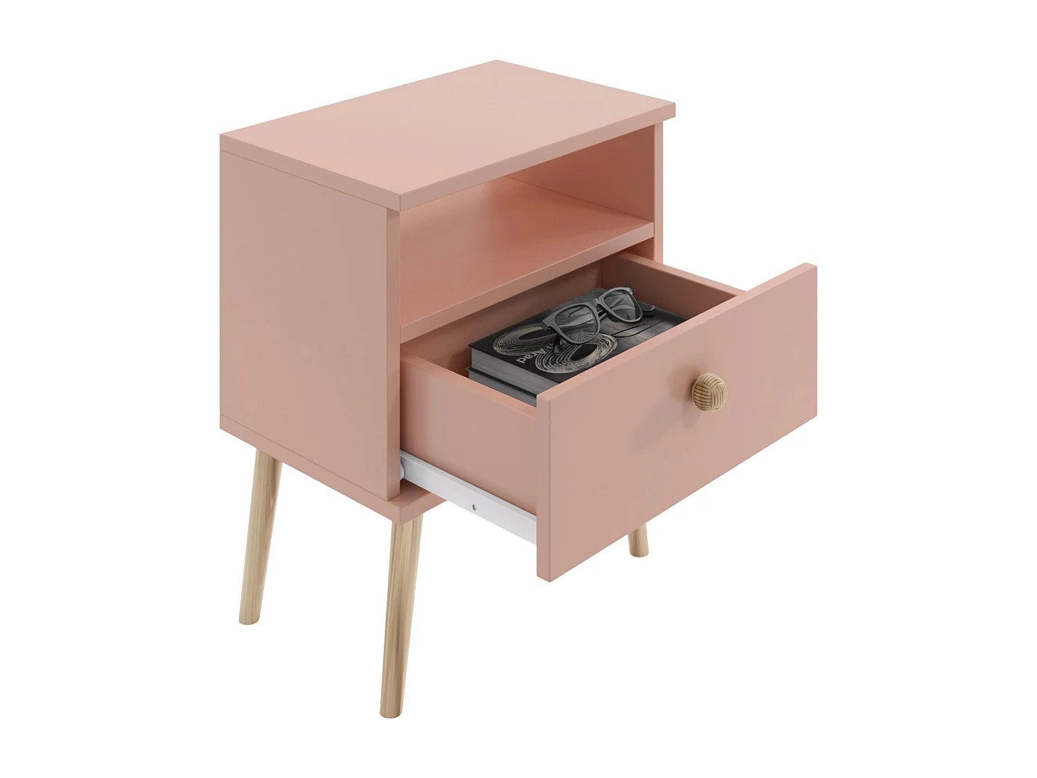 Nachttisch NATURA Rosa Pastell 44x31 cm mit Schublade und Juteseil-Griff im Skandinavischen Stil