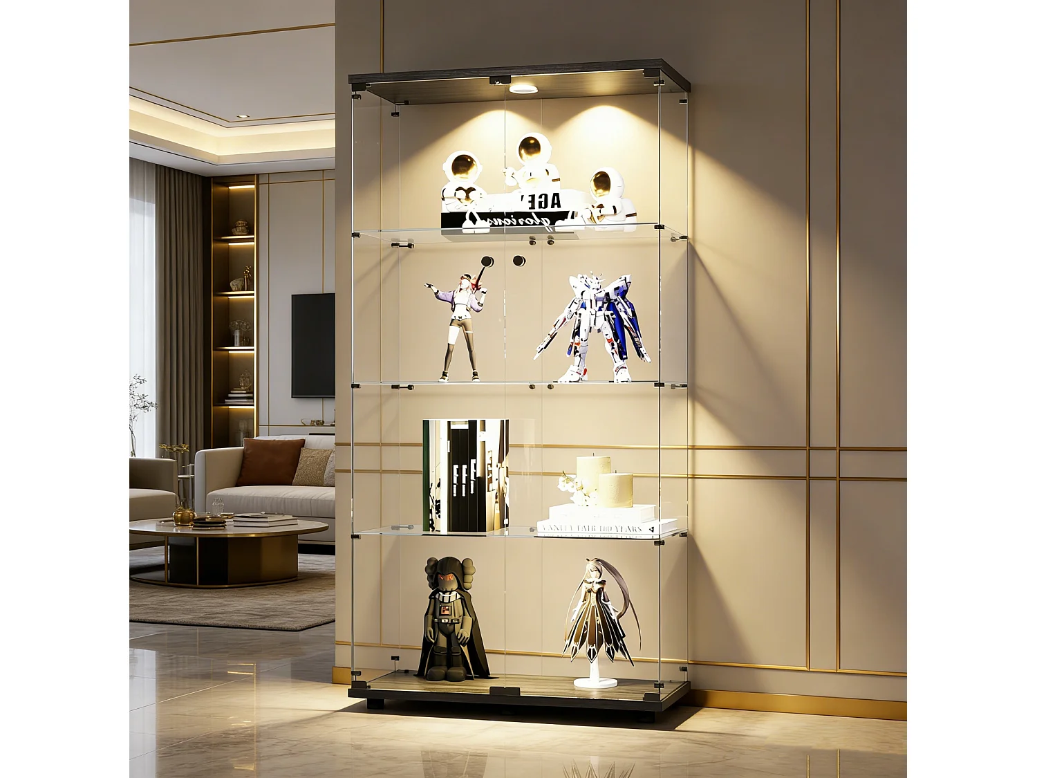 Vitrine en Verre avec LED, Armoir de Vitrine pour Collection Moderne avec 2 Portes et 4 étagères en Verre ESG, pour Le Bar, Le Salon, 164 x 80 x 36 cm, Noir
