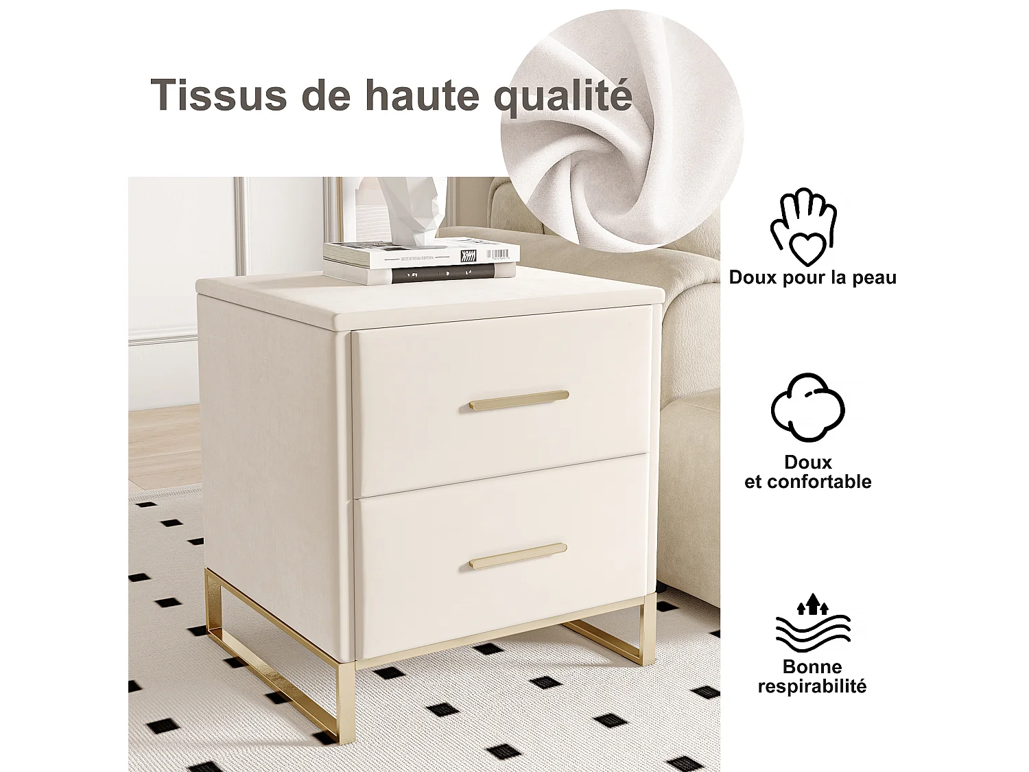 Lot de 2 Table de Chevet, Table de de chevet beige velours avec 2 tiroirs, Armoire de Chevet, Meuble de chambre, Table de Nuit